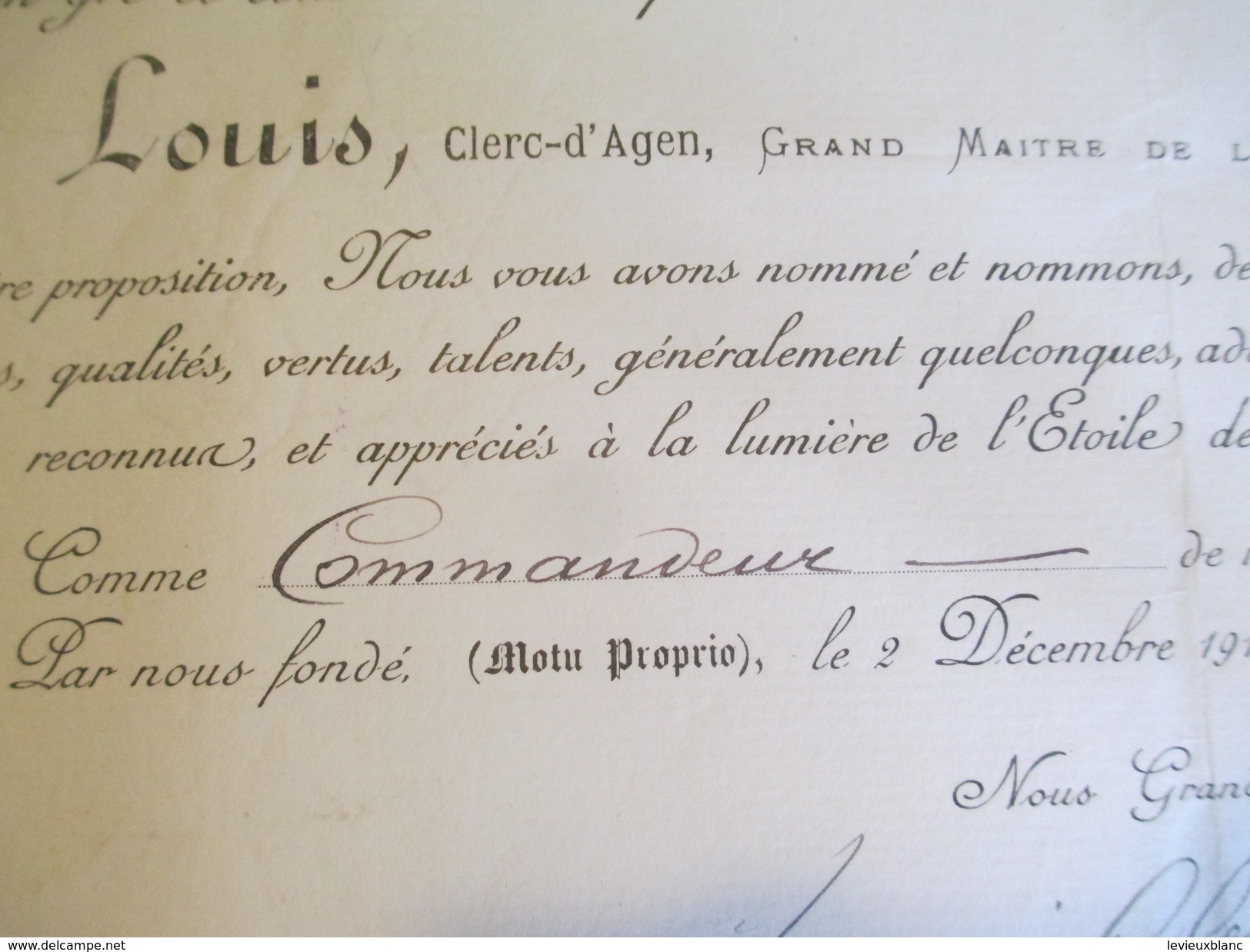 Diplôme/Commandeur/Ordre De L'Etoile De L'Eau/Rose-Croix ?/Clerc D'AGEN /PUJOS/Orateur-Ichtyologue//1910    DIP211 - Diploma & School Reports