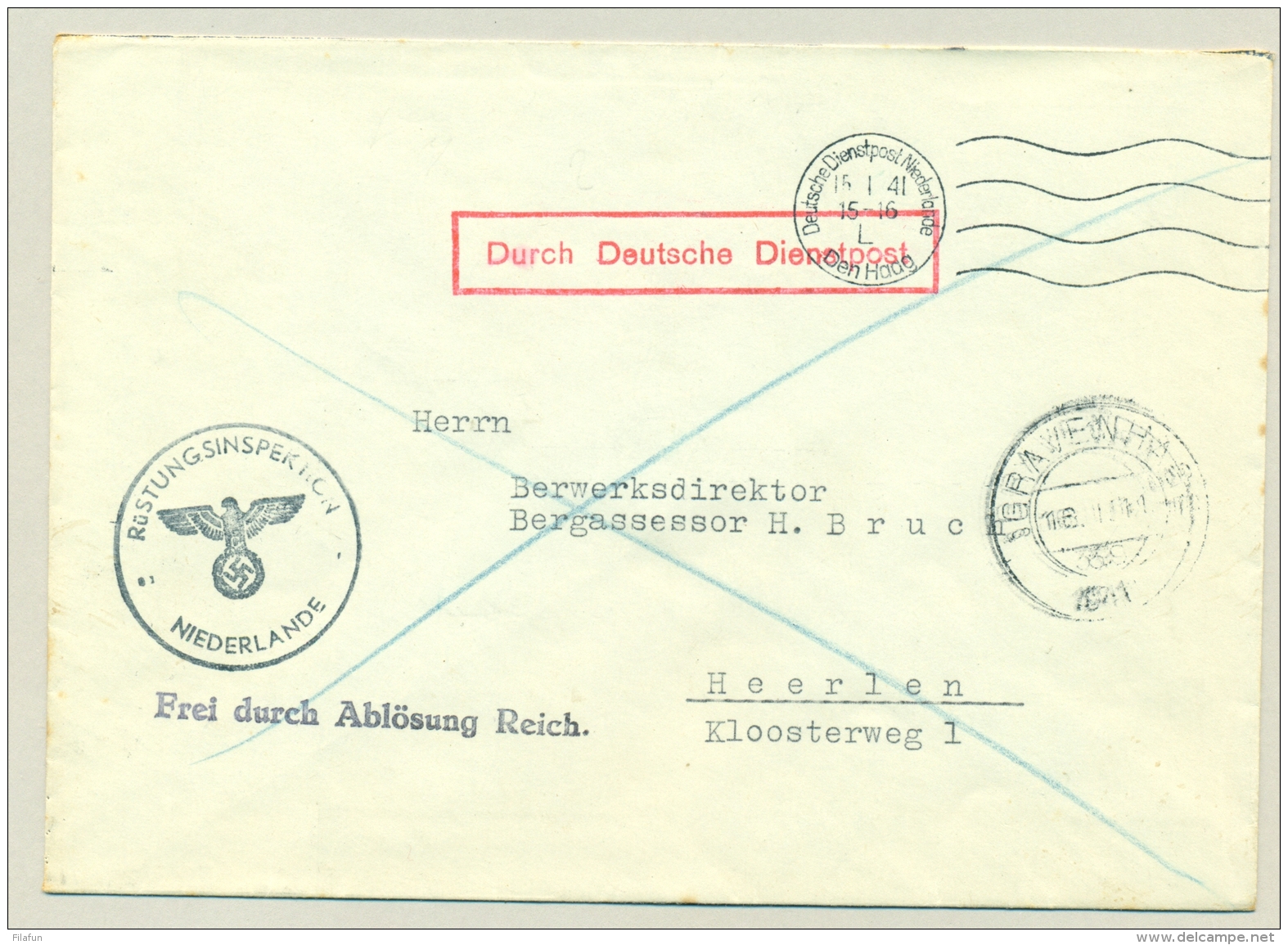 Nederland - 1941 - Brief Durch Deutsche Dienstpost Niederlande Van Den Haag Naar Heerlen - Brieven En Documenten