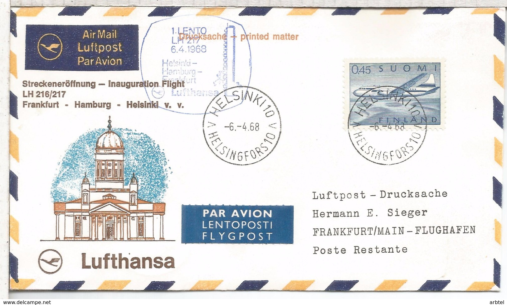 FINLANDIA LUFTHANSA 1968 PRIMER VUELO FRANFURT HAMBURG HELSINKI 1968 - Storia Postale