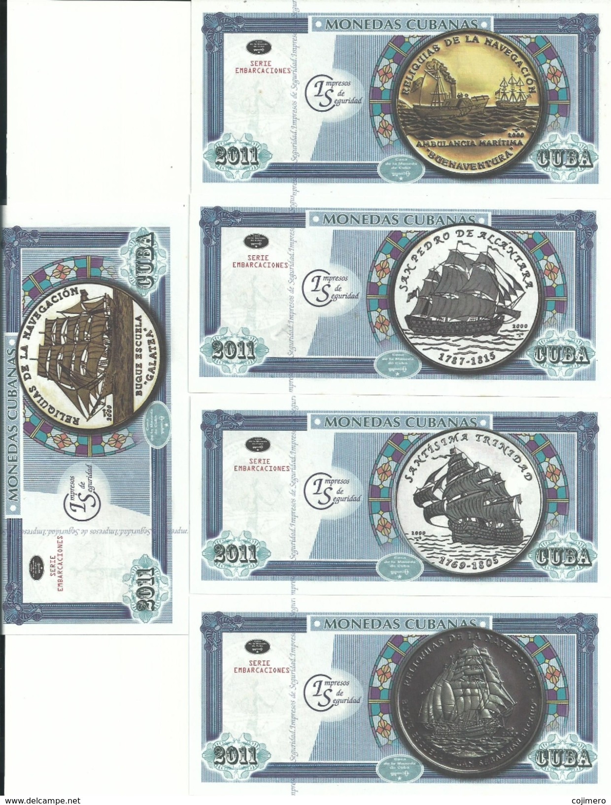 5 BILLETES - IMPRESIONES DE SEGURIDAD - EMBARCACIONES- BASADA EN MONEDAS COLECCIONABLES - 2011 - Cuba