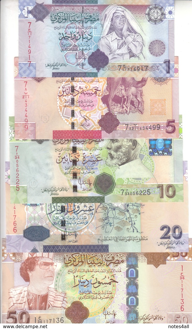 LIBYA 1 5 10 20 50 DINARS 2009 2011 P-71 73 74 75 77 SIG/7 UNC 7th Series SET - Libia