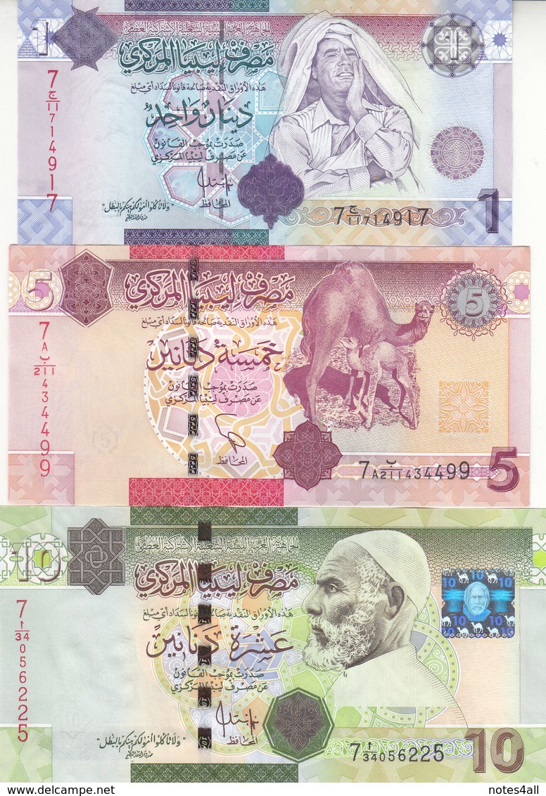 LIBYA 1 5 10 20 50 DINARS 2009 2011 P-71 73 74 75 77 SIG/7 UNC 7th Series SET - Libia