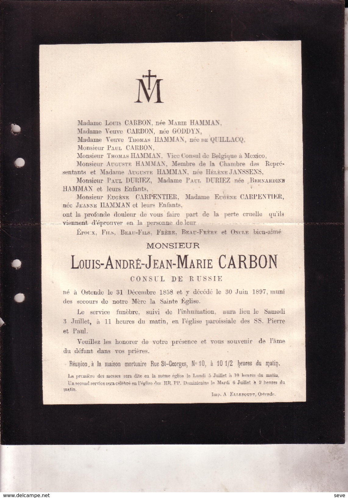 OOSTENDE OSTENDE Louis CARBON époux HAMMAN 1858-1897 Consul De Russie Doodsbrief GODDYN CARPENTIER - Obituary Notices