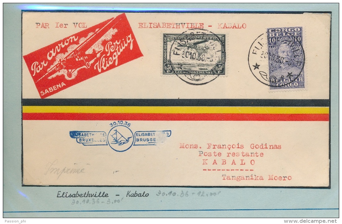 BELGIAN CONGO   INLAND FIRST FLIGHT 1936 E/VILLE KABALO - Briefe U. Dokumente