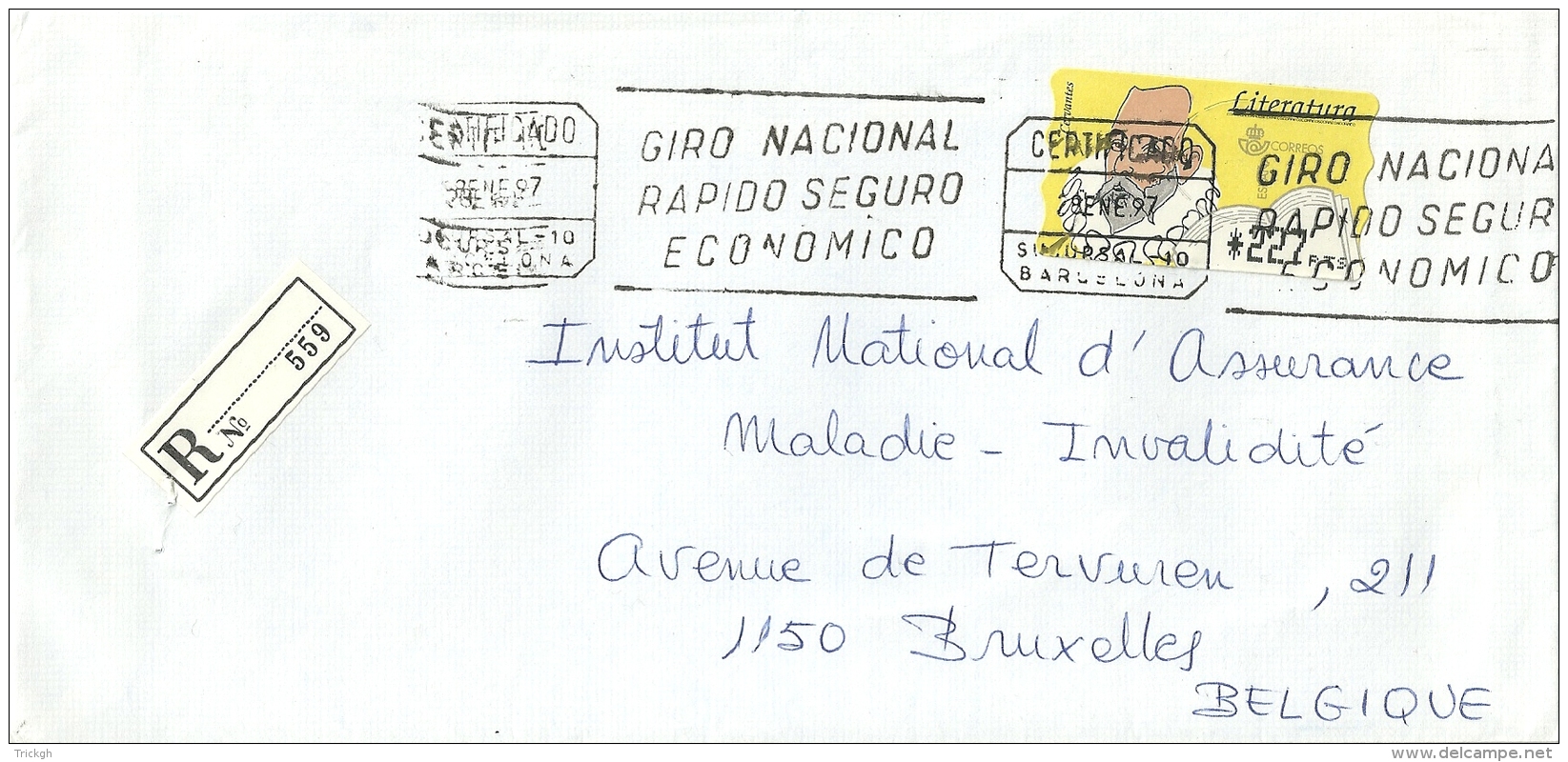 Espana ATM 1997 Barcelona &gt;&gt; Bruxelles B / Certificado Registered - Lettres & Documents