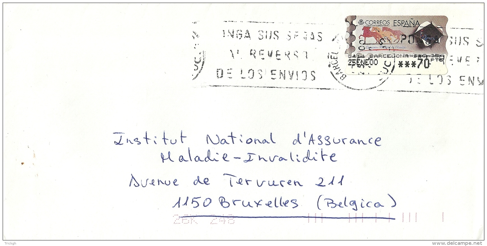 Espana ATM 2000 Barcelona &gt;&gt; Bruxelles B / Cheval Horse - Lettres & Documents