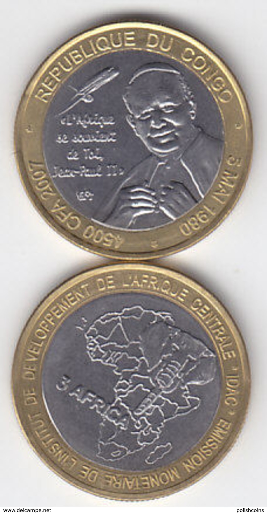 CONGO 2007 Pope Papst JOHN PAUL II 4500 Francs Cfa UNC Bimetal - Congo (République Démocratique 1998)