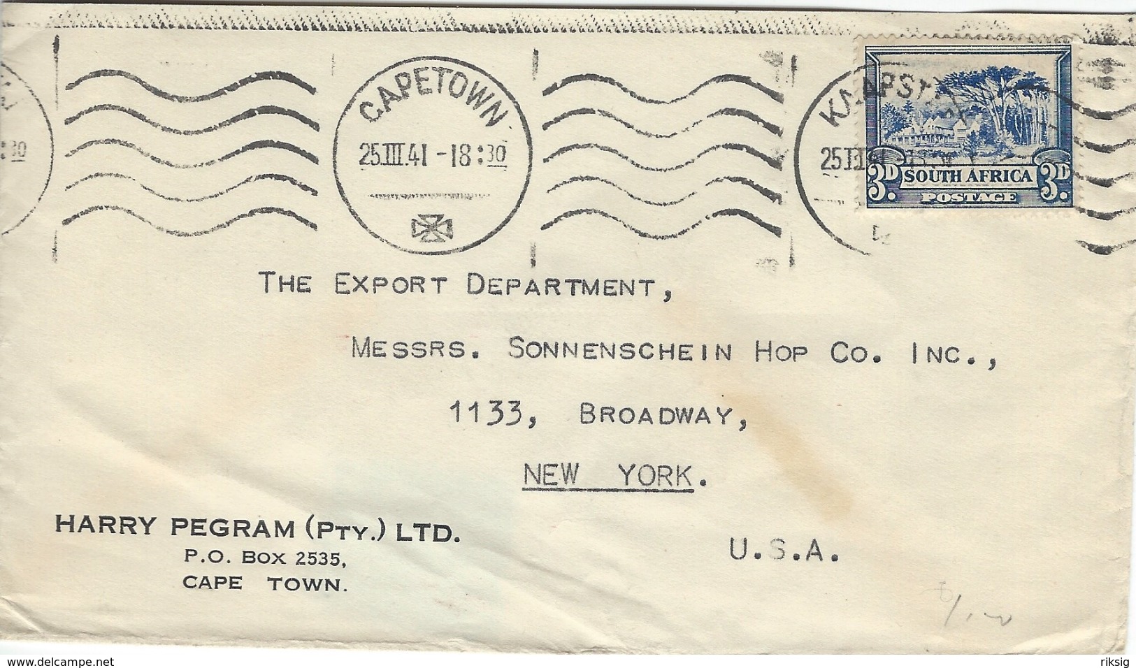 South Africa - Cover Sent From Capetown To United States 1941    H-927 - Africa (Other)