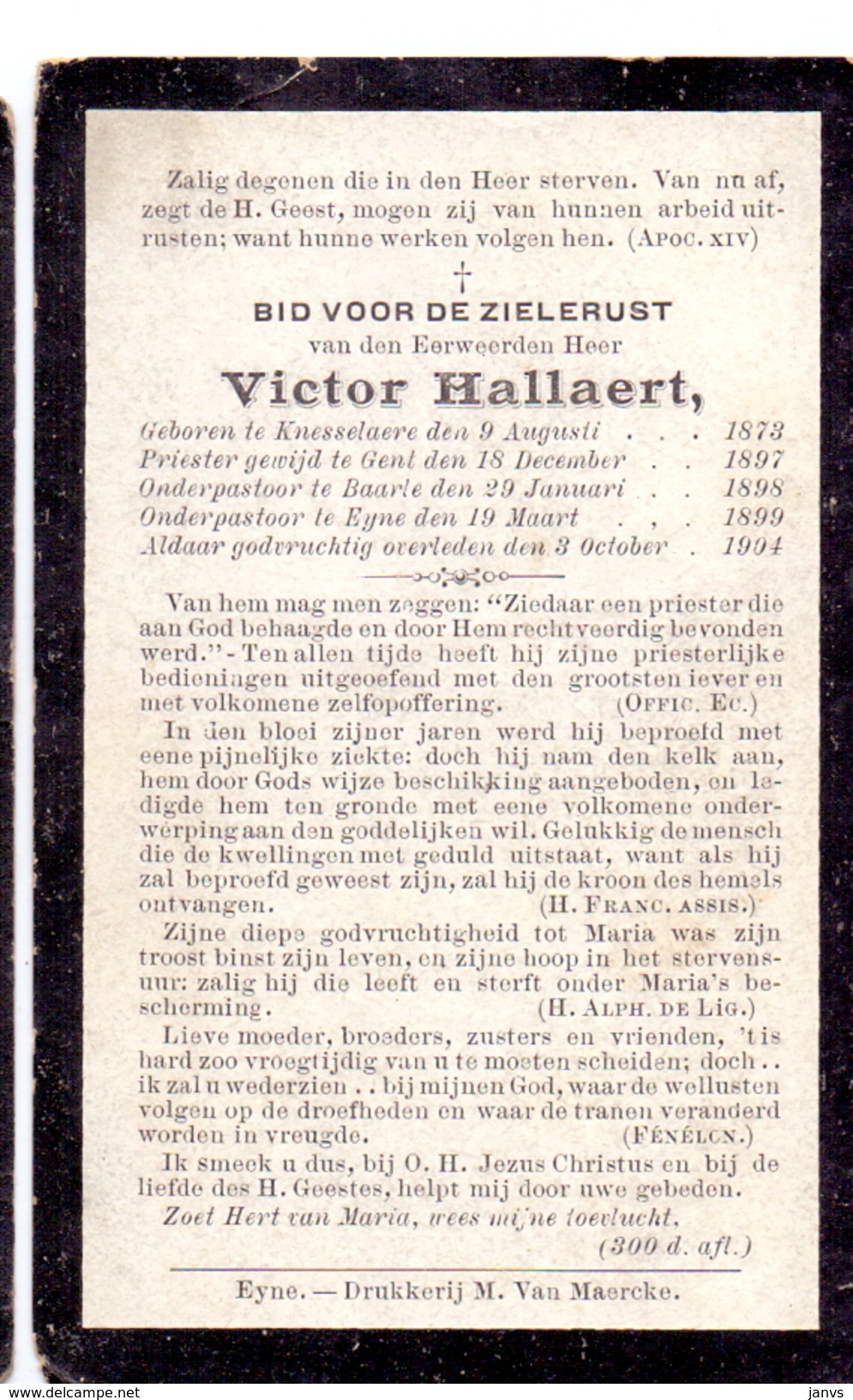 Devotie Devotion Doodsprentje Priester Victor Hallaert - Knesselare 1873 - Eyne 1904 - Overlijden