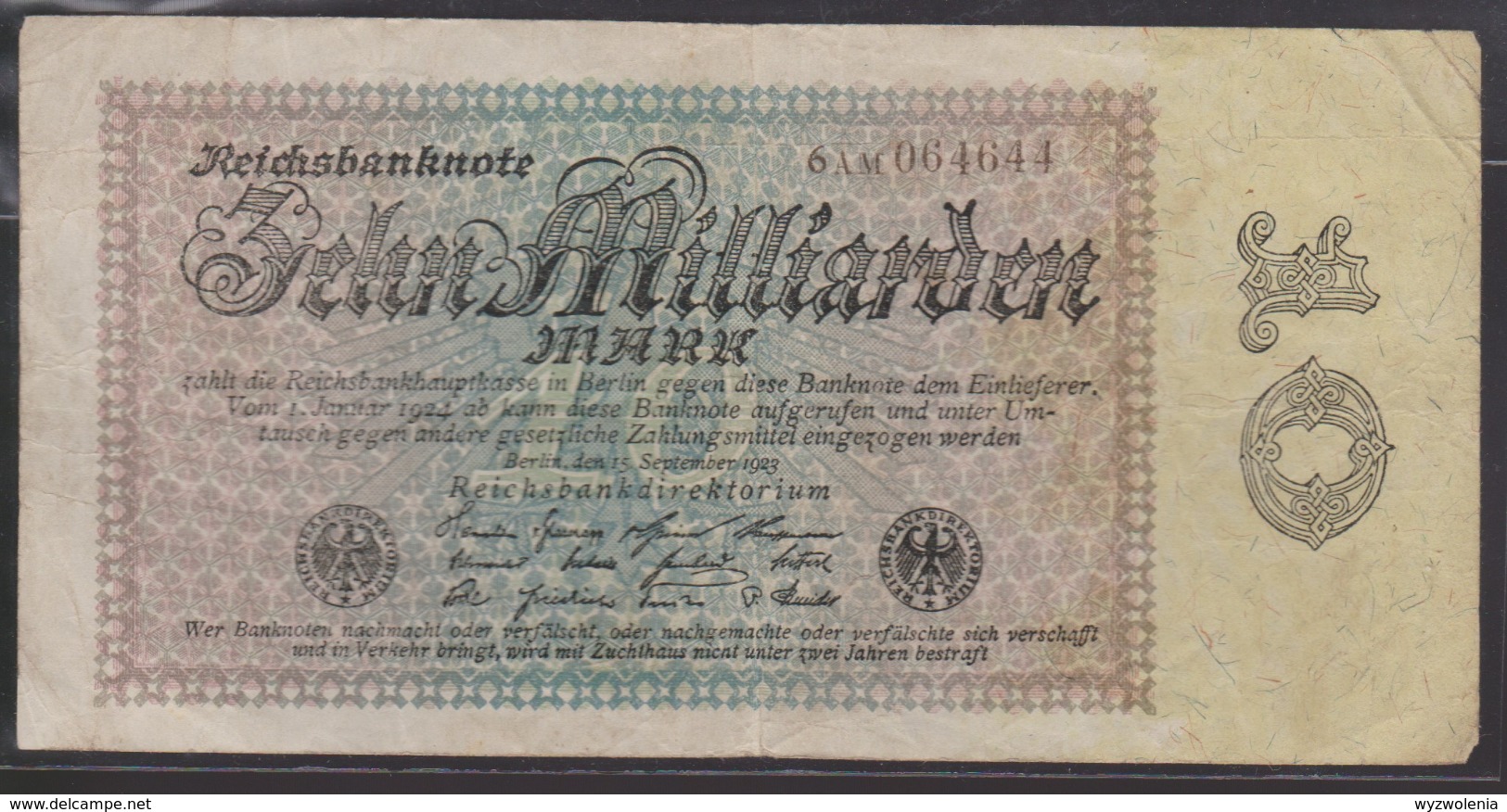 M 406) Ro 113 Reichsbanknote 15.9.1923 Zehn Milliarden Mark - 10 Miljard Mark