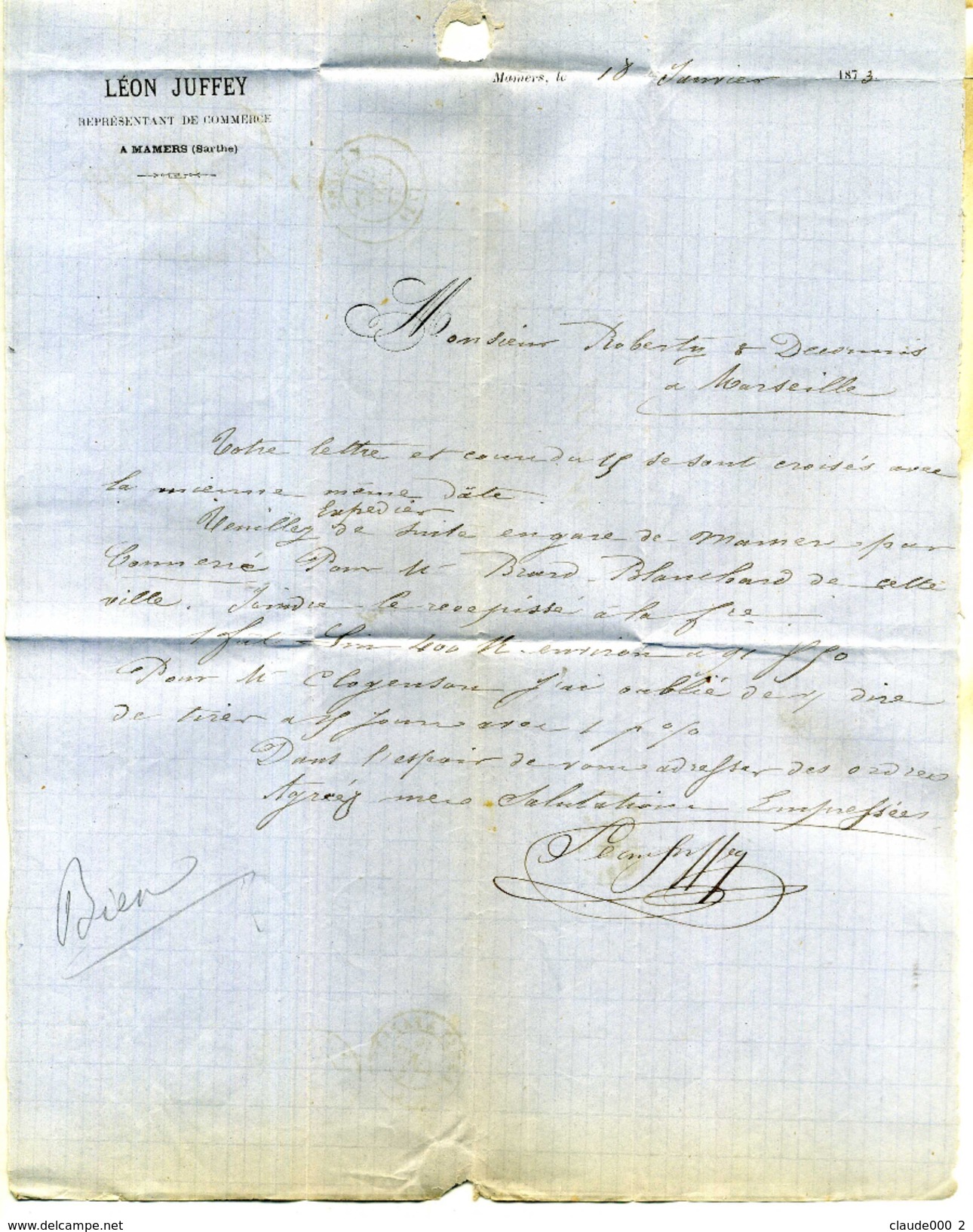 LETTRE De 1873 PLIEE OBLITEREE Avec CERES 25c BLEU      (U183) - Manuscrits