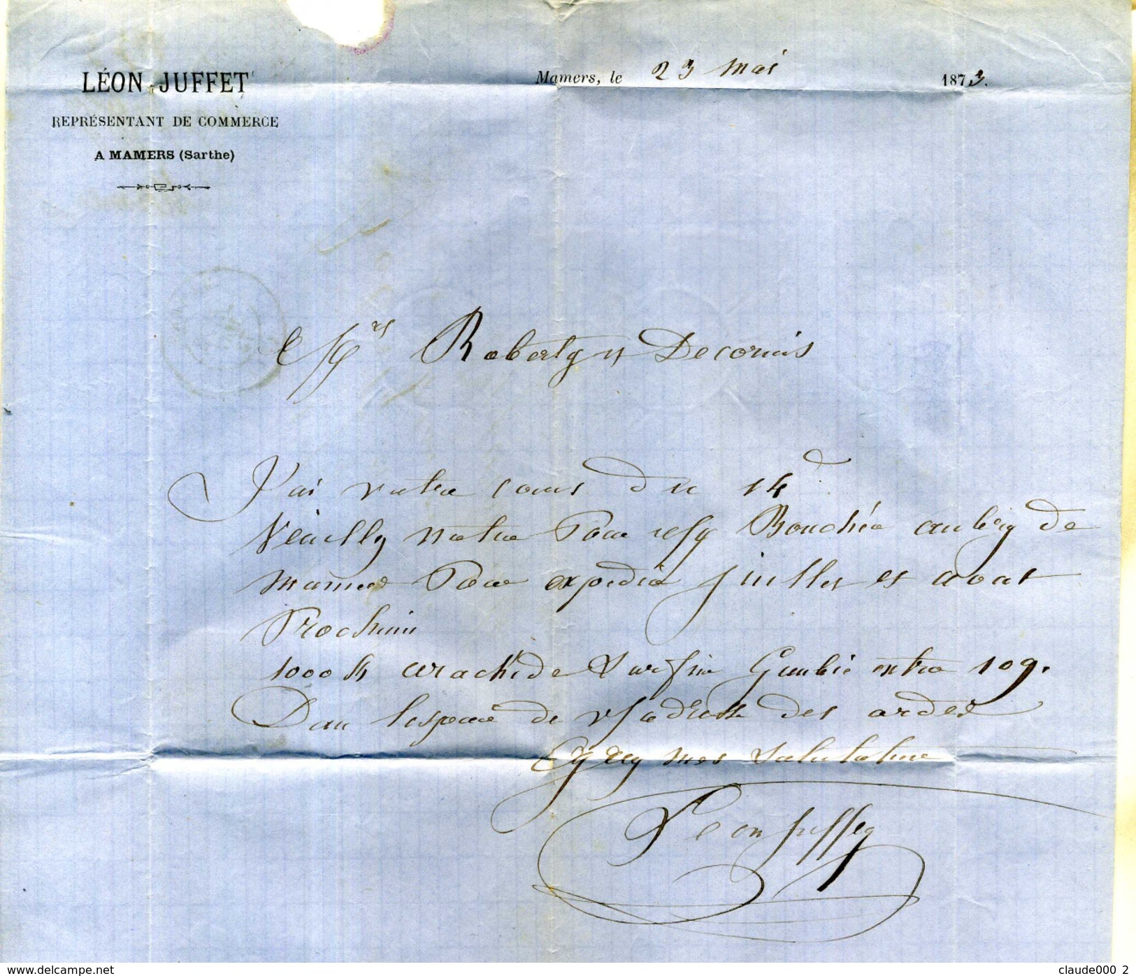 LETTRE De 1873 PLIEE OBLITEREE Avec CERES 25c BLEU      (U182) - Manuscrits