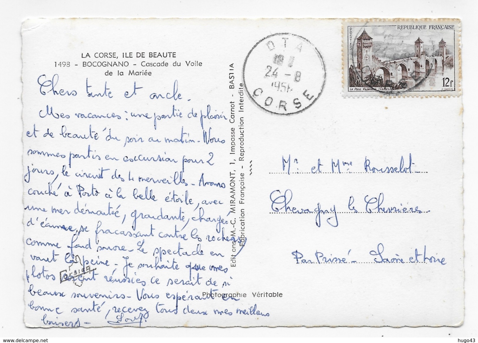 (RECTO / VERSO) BOCOGNANO EN 1956 - N° 1498 - CASCADE DU VOILE DE LA MARIEE - BEAU CACHET - CPSM GF VOYAGEE - Other & Unclassified