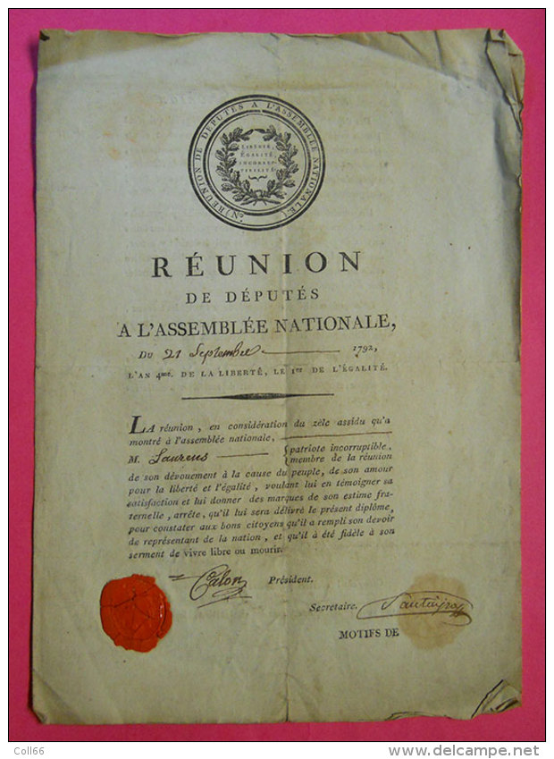 21 Sept 1792 Réunion Assemblée Nationale Réunion Députés Signé Etienne Calon Conventionnel Vignette Cachet SieurLaurens - Documents Historiques