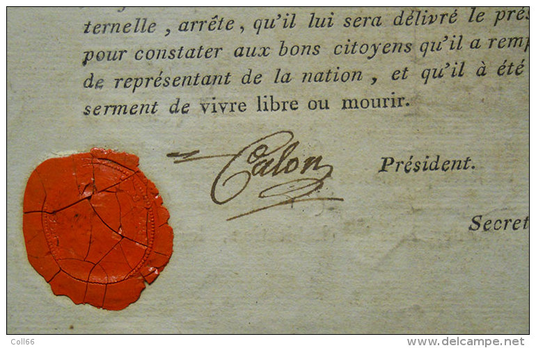 21 Sept 1792 Réunion Assemblée Nationale Réunion Députés Signé Etienne Calon Conventionnel Vignette Cachet SieurLaurens - Documents Historiques