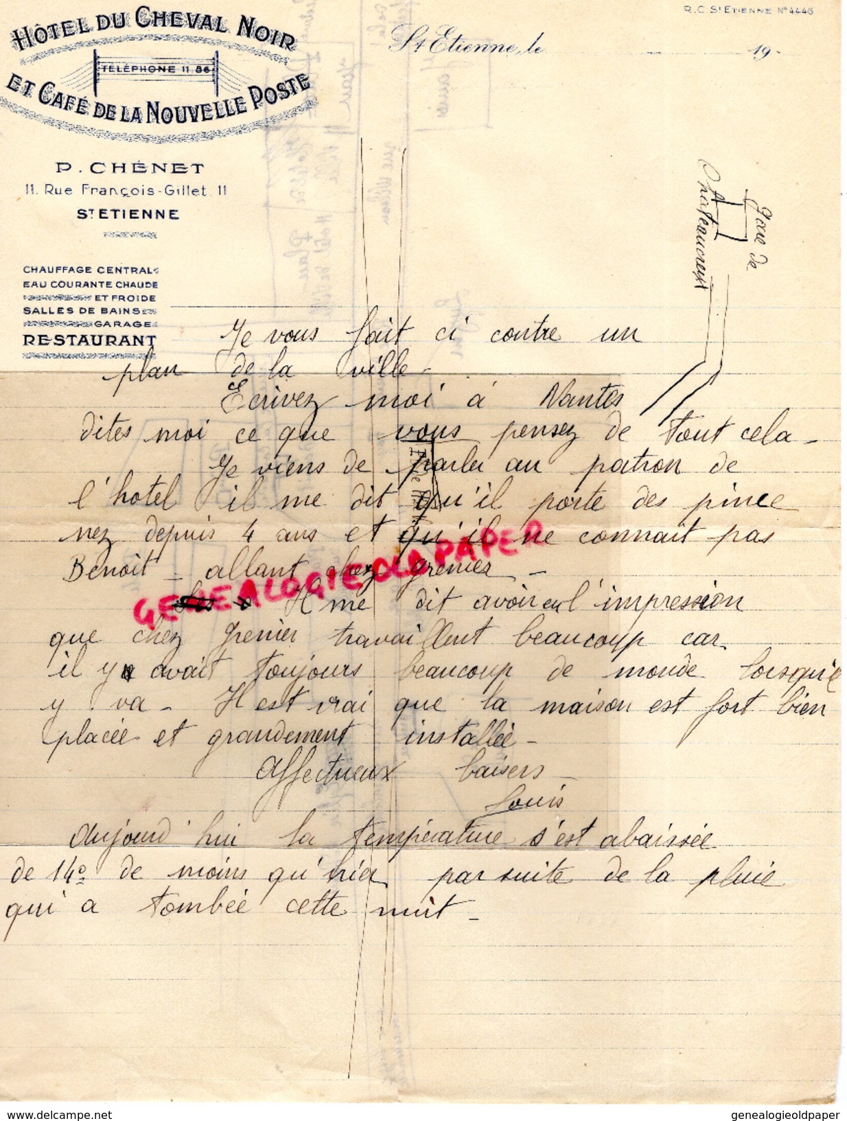 42 - ST SAINT ETIENNE - BELLE LETTRE  HOTEL DU CHEVAL NOIR ET CAFE NOUVELLE POSTE- P. CHENET-11 RUE FRANCOIS GILLET-1900 - 1900 – 1949