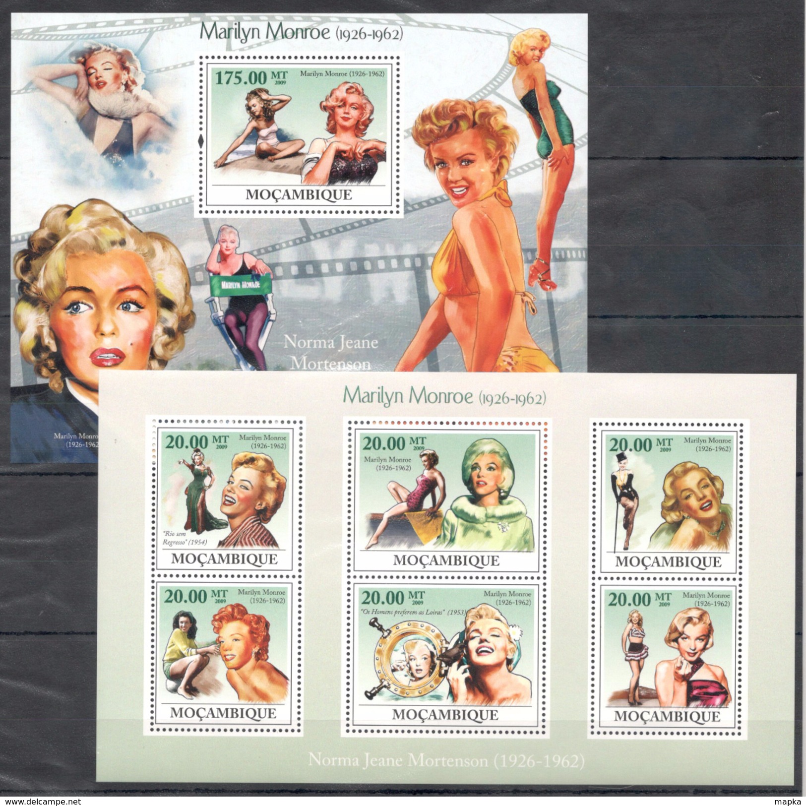 A7 2009 S MOCAMBIQUE FAMOUS PEOPLE MARILYN MONROE 1KB+1BL MNH - Schauspieler