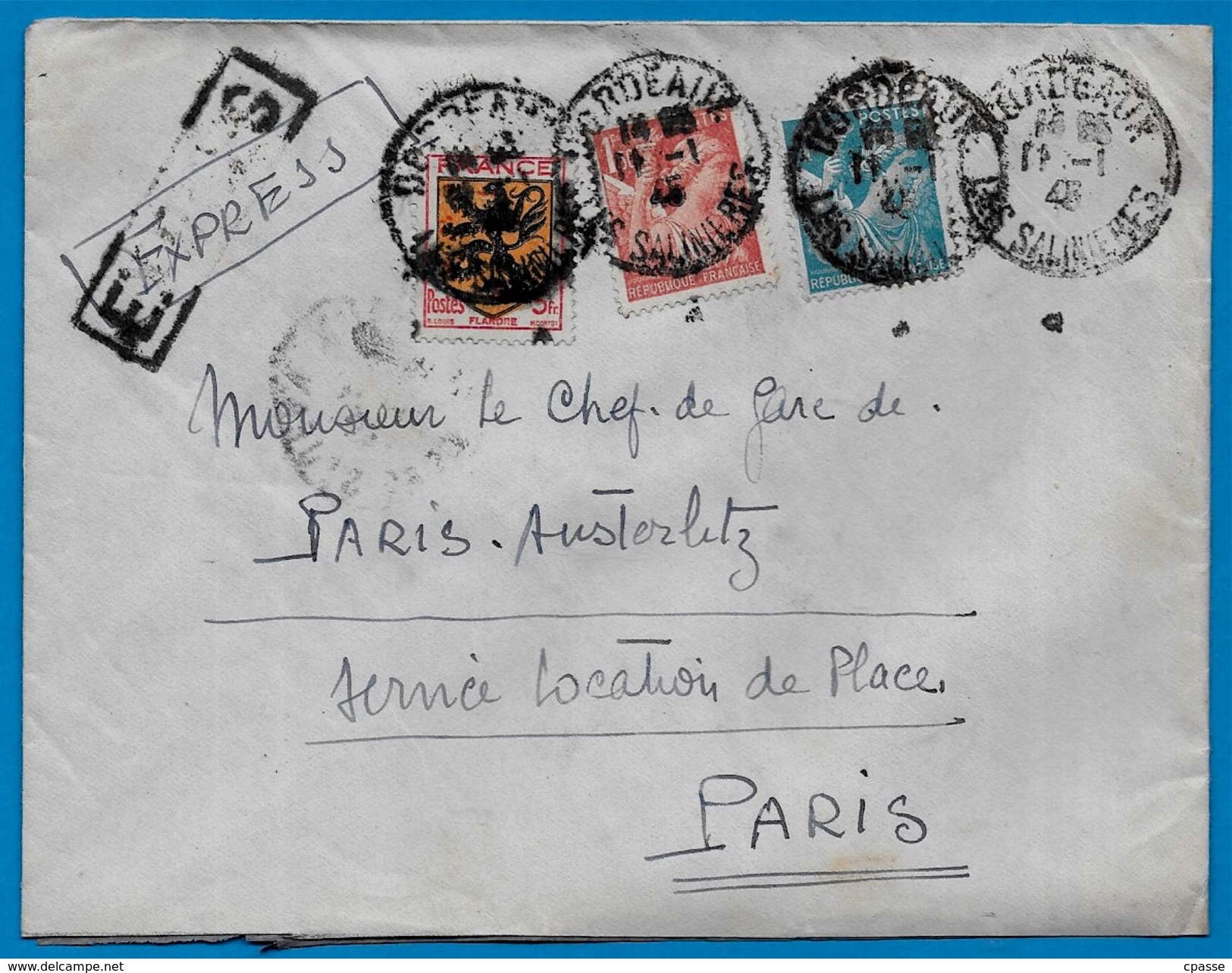 Lettre EXPRES 33 BORDEAUX-Les-SALINIERES - Iris YT 650 & 652 + Blason Flandre YT 602 - Janvier 1945 - Other & Unclassified