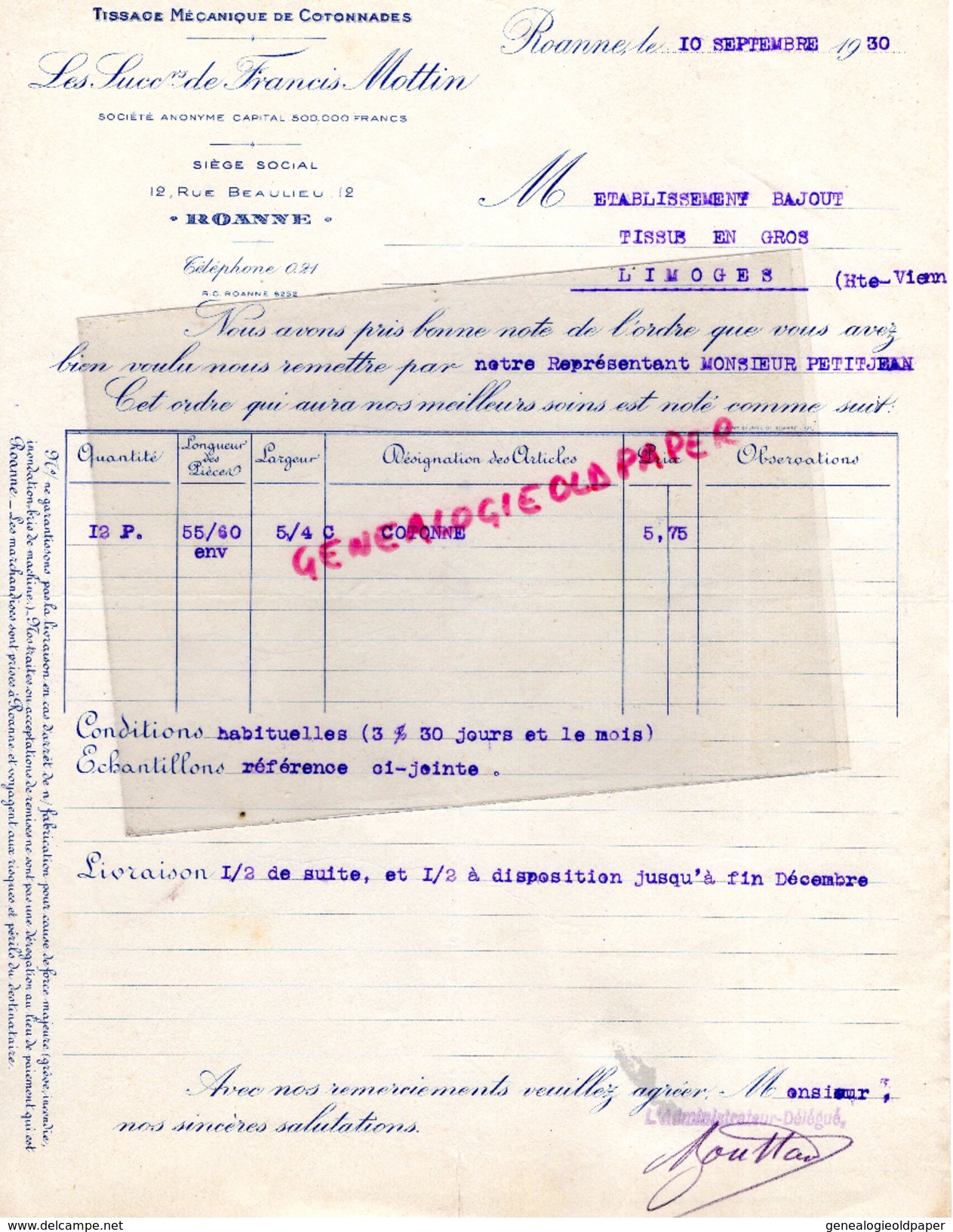42 - ROANNE - FACTURE FRANCIS MOTTIN- 12 RUE BEAULIEU- TISSAGE MECANNIQUE- 1930 - 1900 – 1949