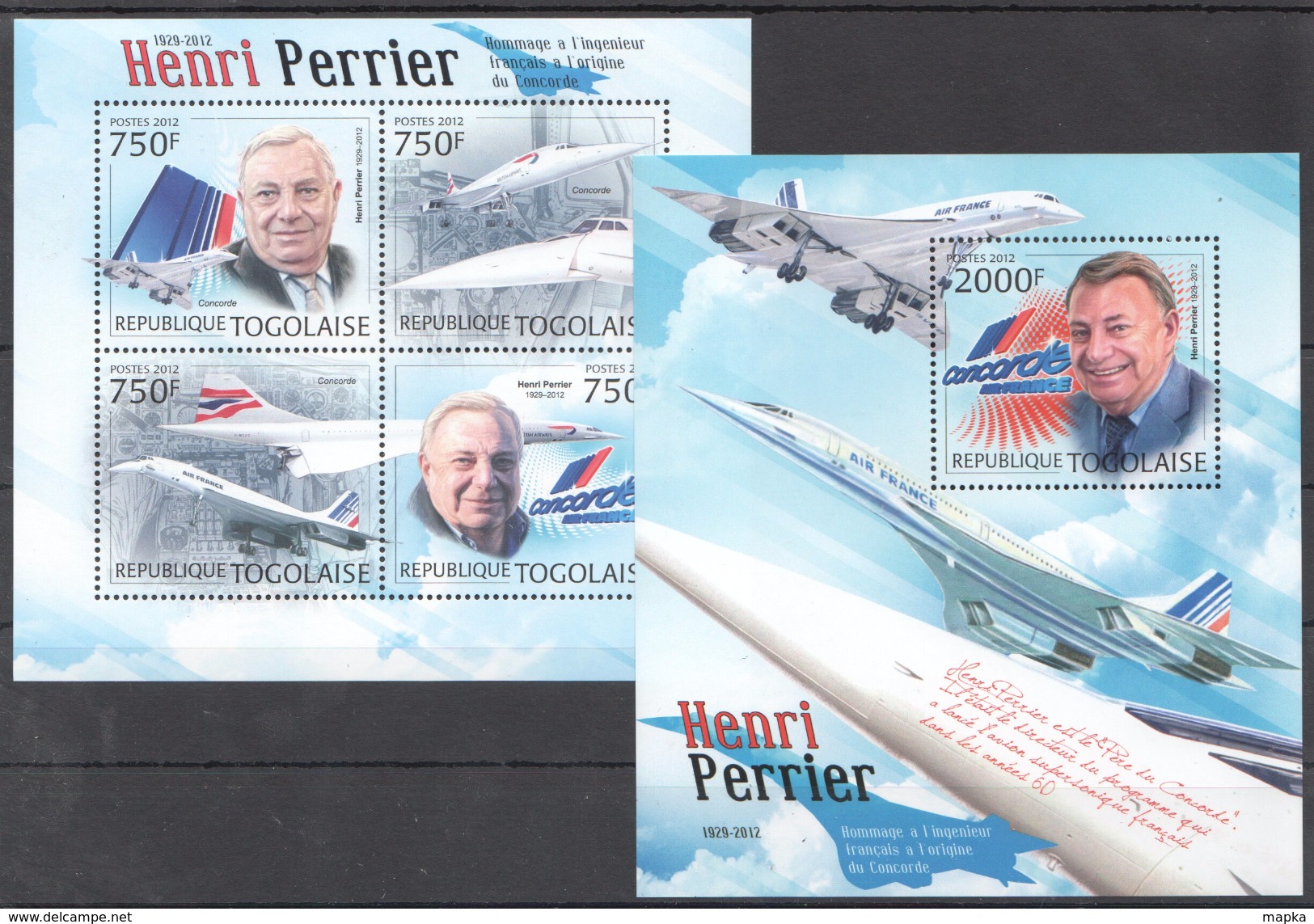 A23 2012 TOGOLAISE AVIATION HENRI PERRIER 1KB+1BL MNH - Fesselballons