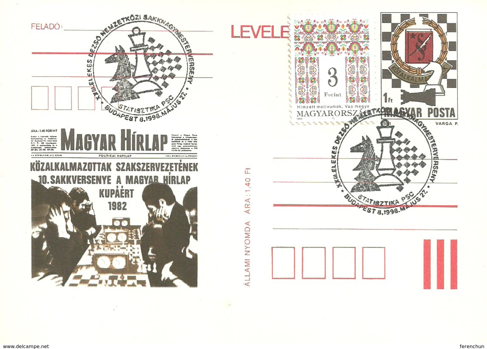 CHESS SPORT INTERNATIONAL TOURNAMENT BUDAPEST MAGYAR HIRLAP NEWS MEWSPAPER * STAMP POSTCARD * 23. Elekes Dezso * Hungary - Echecs