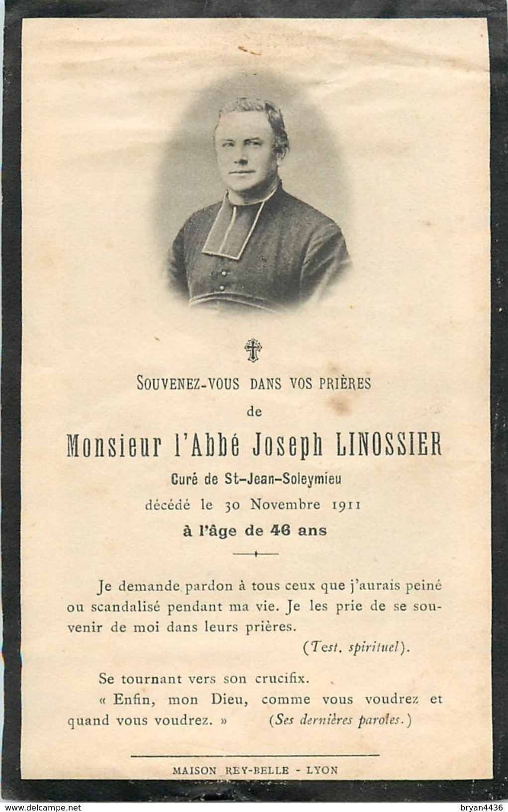 SAINT JEAN SOLEYMIEUX - ABBE JOSEPH LINOSSIERCURE DE SAINT JEAN DE SOLEYMIEUX - <1911 - CARTE IN MEMORIAM (7,5 X 11,5 Cm - Saint Jean Soleymieux