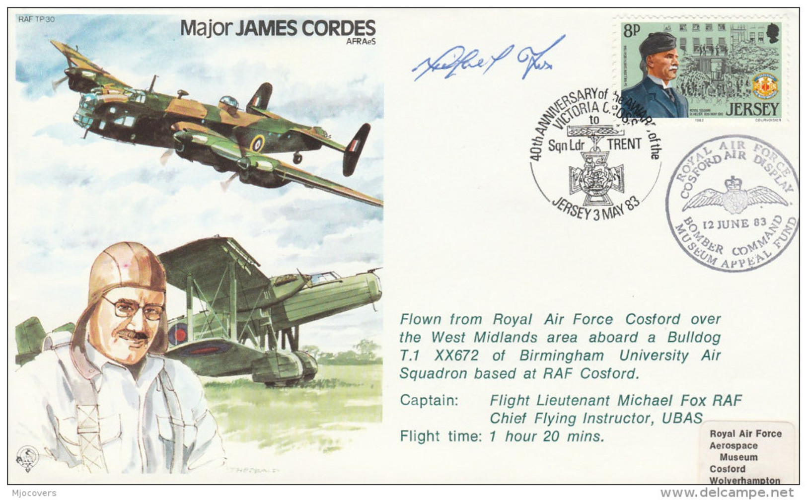 1983 West MIDLANDS GB / JERSEY / SIGNED FLIGHT COVER RAF COSFORD - Air Display BULLDOG T1  Birmingham UNIVERSITY Sqn - Airplanes