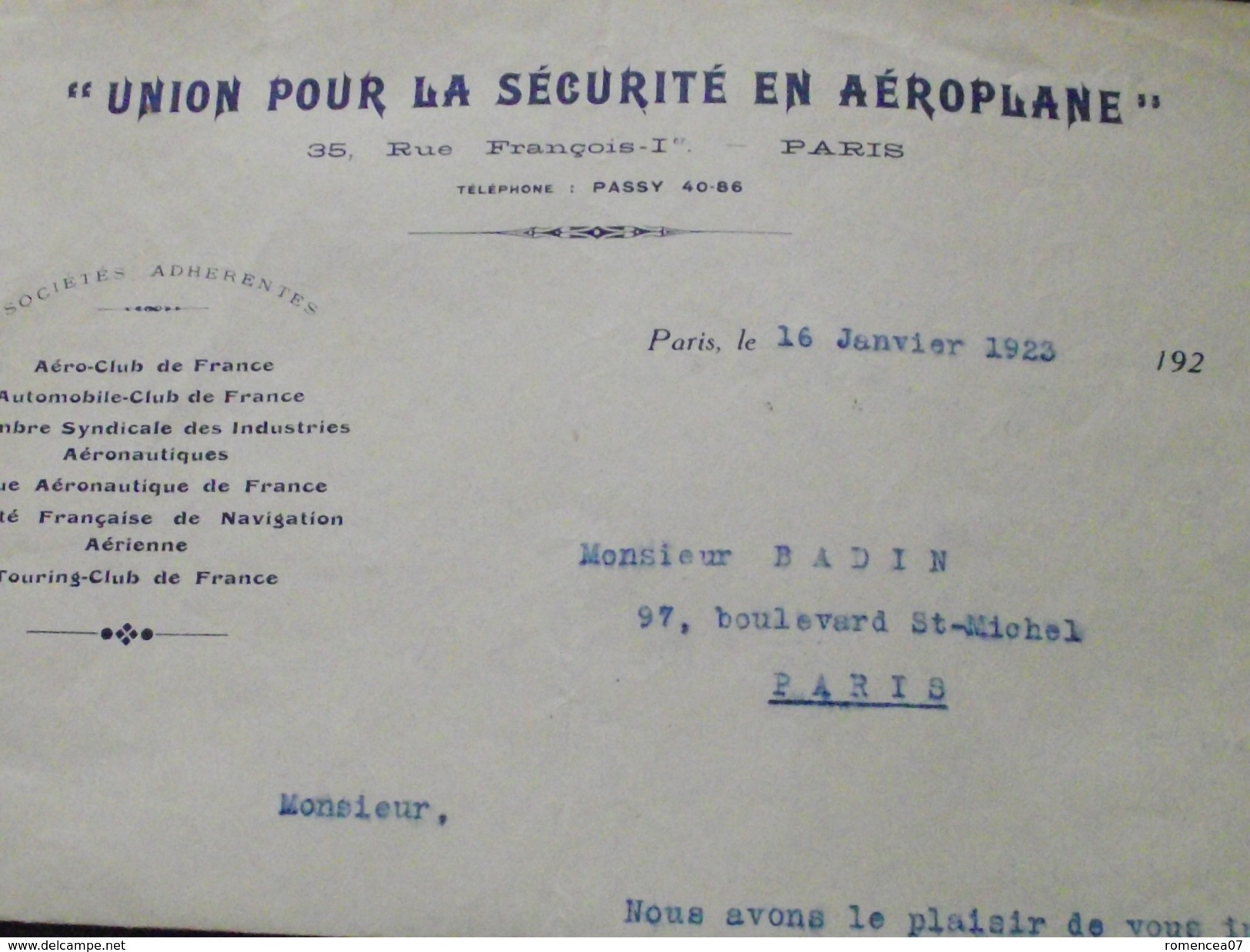 UNION Pour La SECURITE En AEROPLANE - Courrier Du 16 Janvier 1923 - Aviation - Avion - A Voir ! - Autres & Non Classés