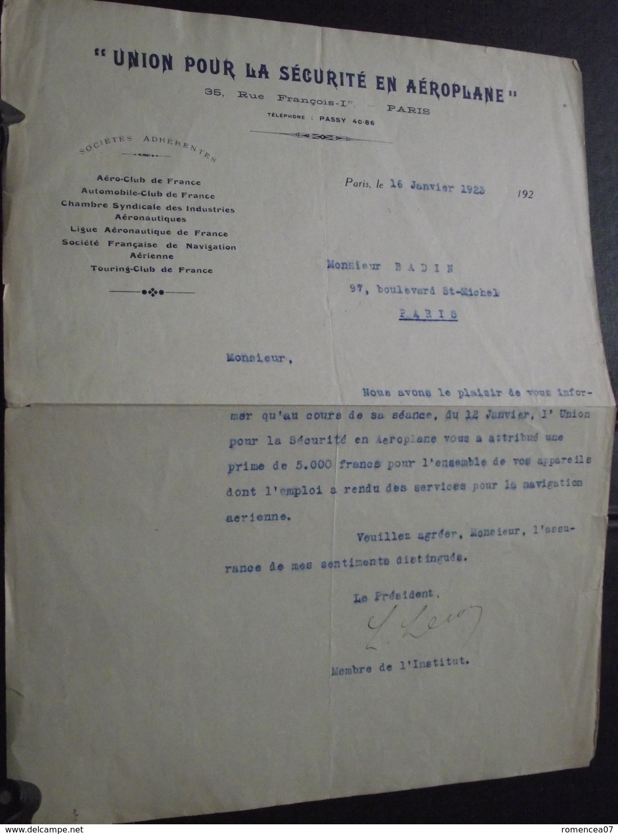 UNION Pour La SECURITE En AEROPLANE - Courrier Du 16 Janvier 1923 - Aviation - Avion - A Voir ! - Autres & Non Classés