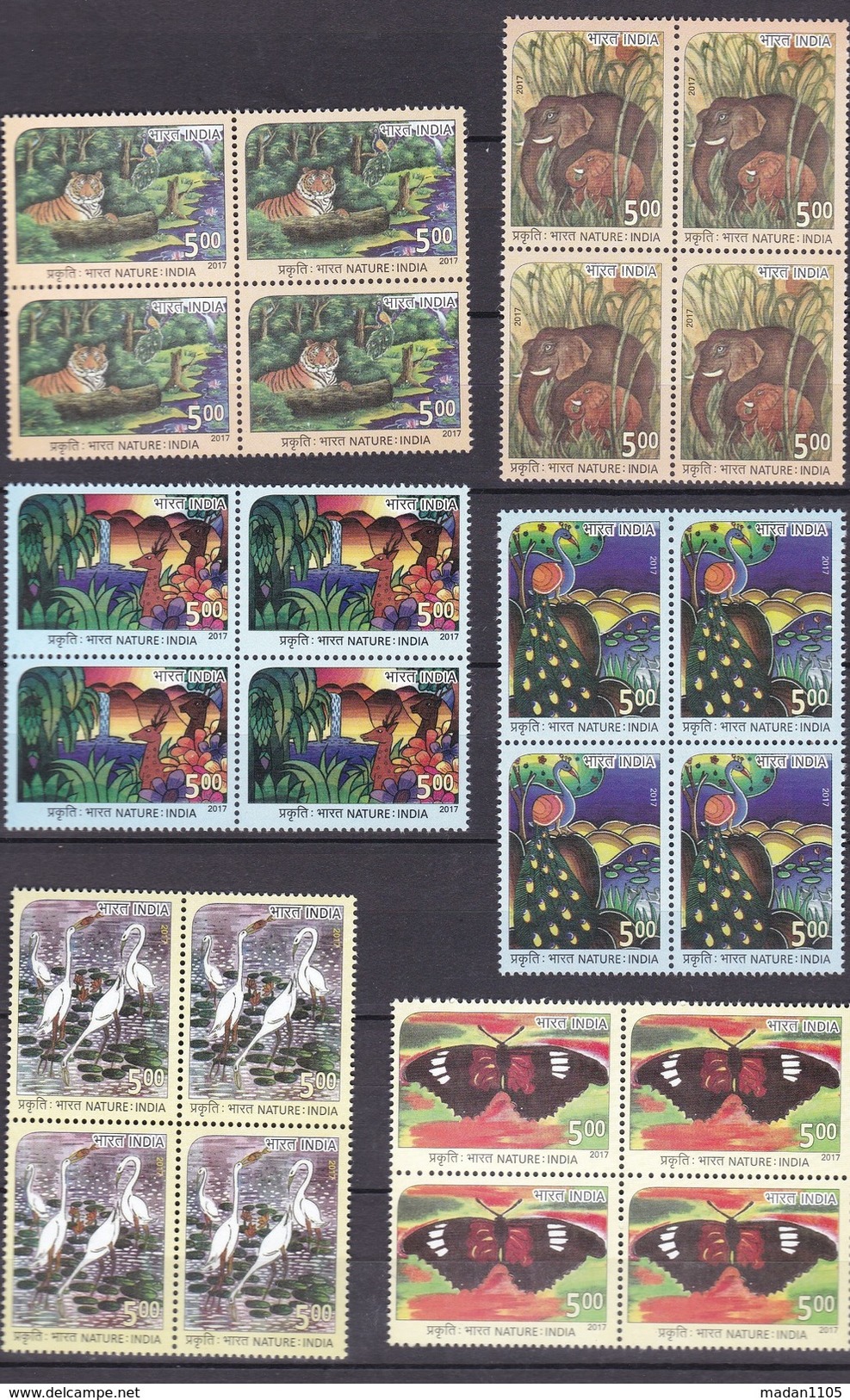 INDIA, 2017, Nature India, Fauna, Animals, Butterfly, Tiger, Set 6 V, Blocks Of 4,  MNH, (**) - Unused Stamps