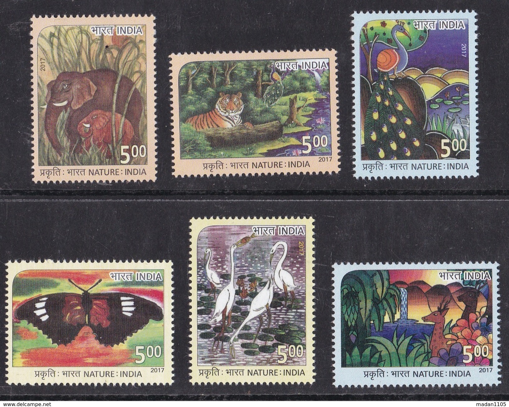 INDIA, 2017, Nature India, Fauna, Animals, Butterfly, Tiger, Set 6 V, MNH, (**) - Unused Stamps