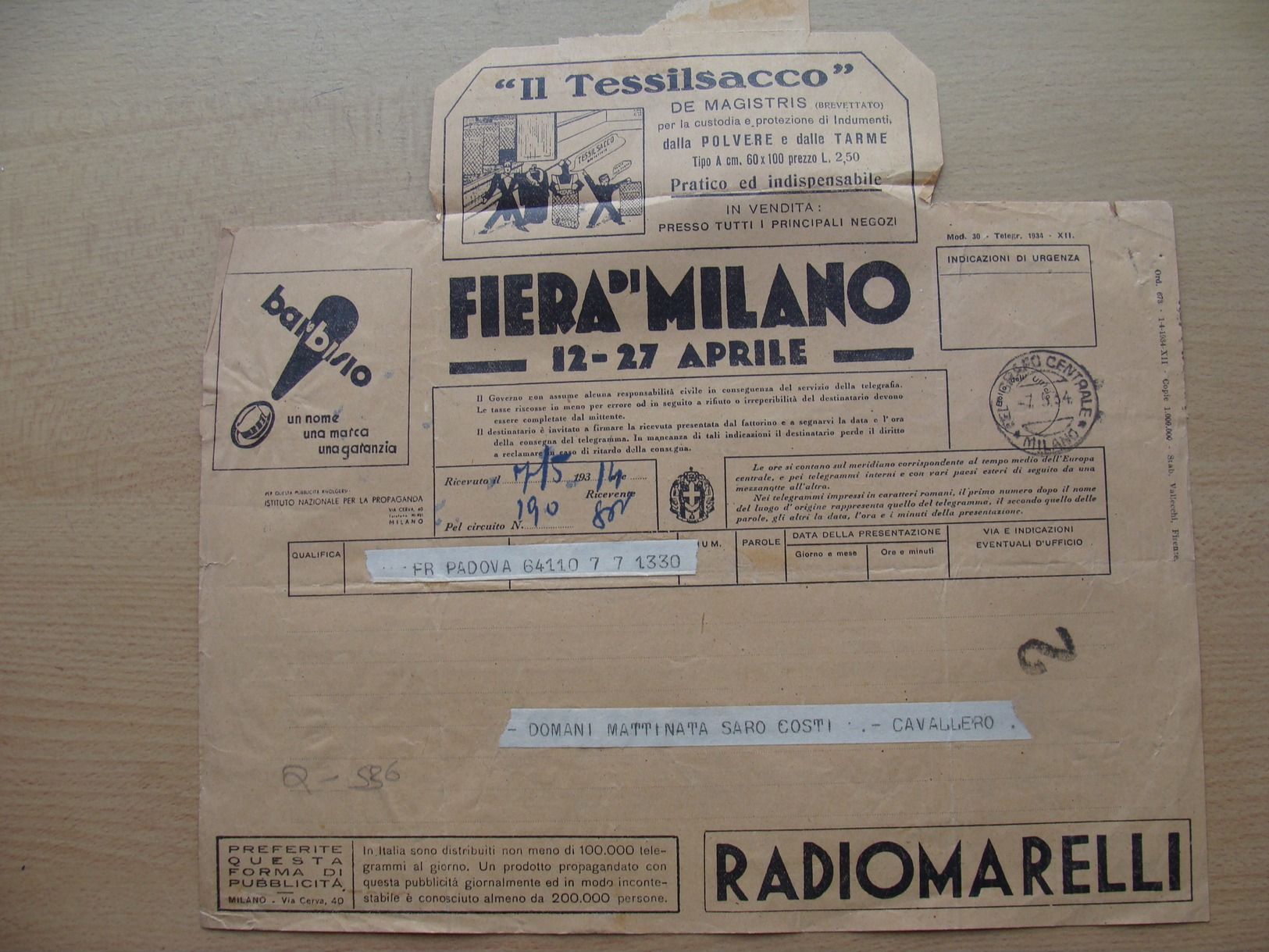 Italy telegram 1934-05-07 telegramma Diana advert tennis skiing ski tiro fishing hunting horseracing auto moto avio