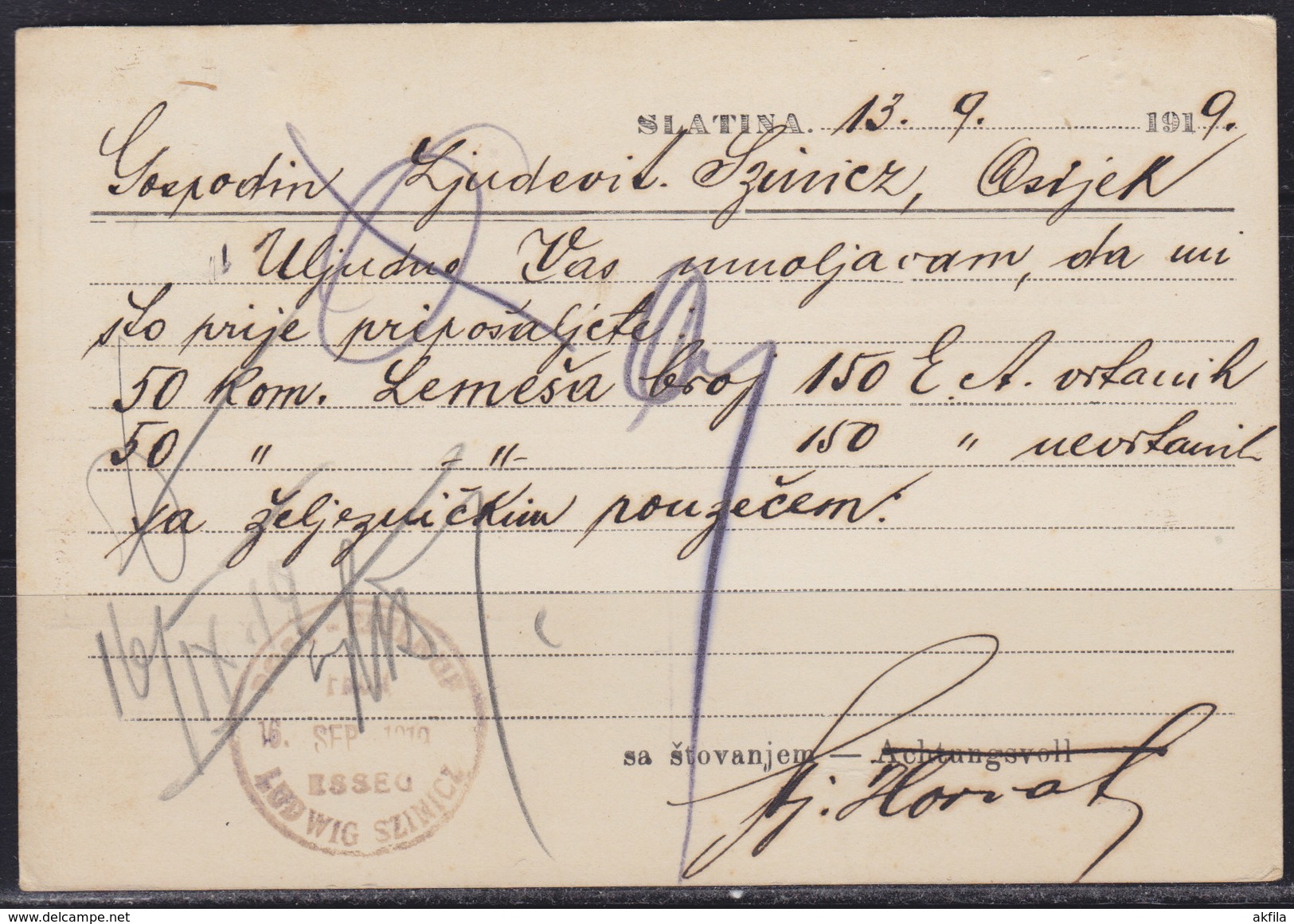 Yugoslavia Kingdom SHS Croatia 1919 Verigari (Chain-breakers) Postal Card From Slatina To Osijek - Covers & Documents