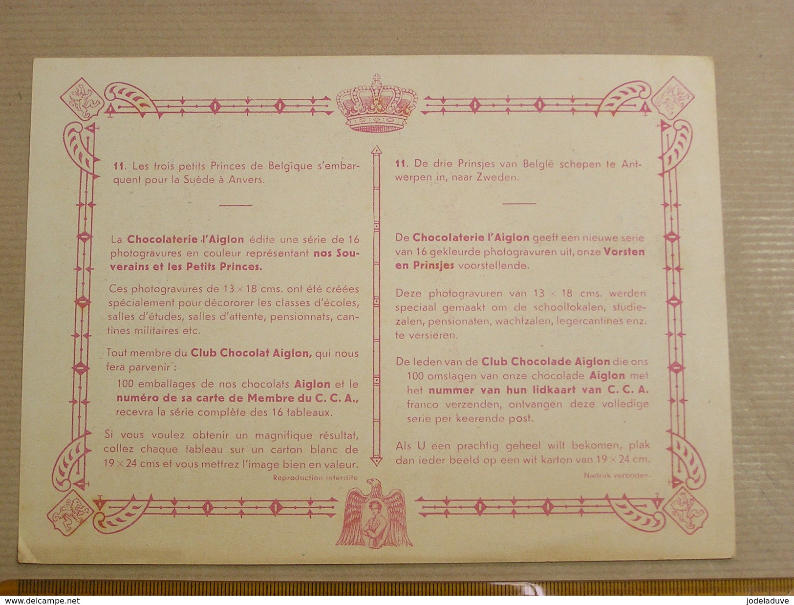 Chromo AIGLON N° 11 Photogravure SOUVERAINS ET PRINCES Belgique Roi Léopold 3 Famille Royale Chocolat Trading Card - Aiglon