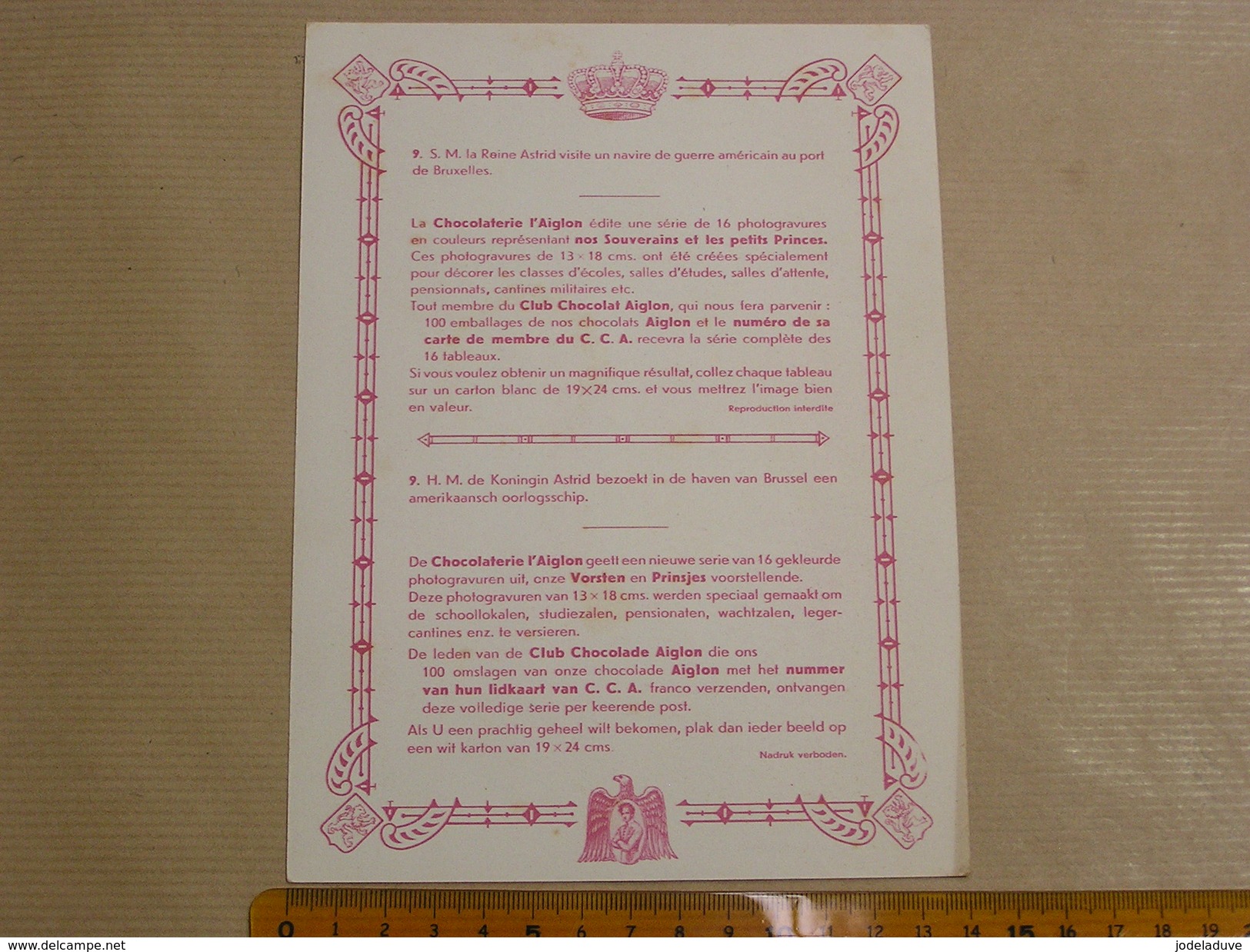 Chromo AIGLON N° 9 Photogravure SOUVERAINS ET PRINCES Belgique Roi Léopold 3 Famille Royale Chocolat Trading Card - Aiglon