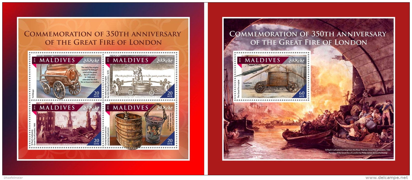 MALDIVES 2016 ** Great Fire Of London Feuerwehr Sapeurs-pompiers M/S+S/S - OFFICIAL ISSUE - A1707 - Firemen