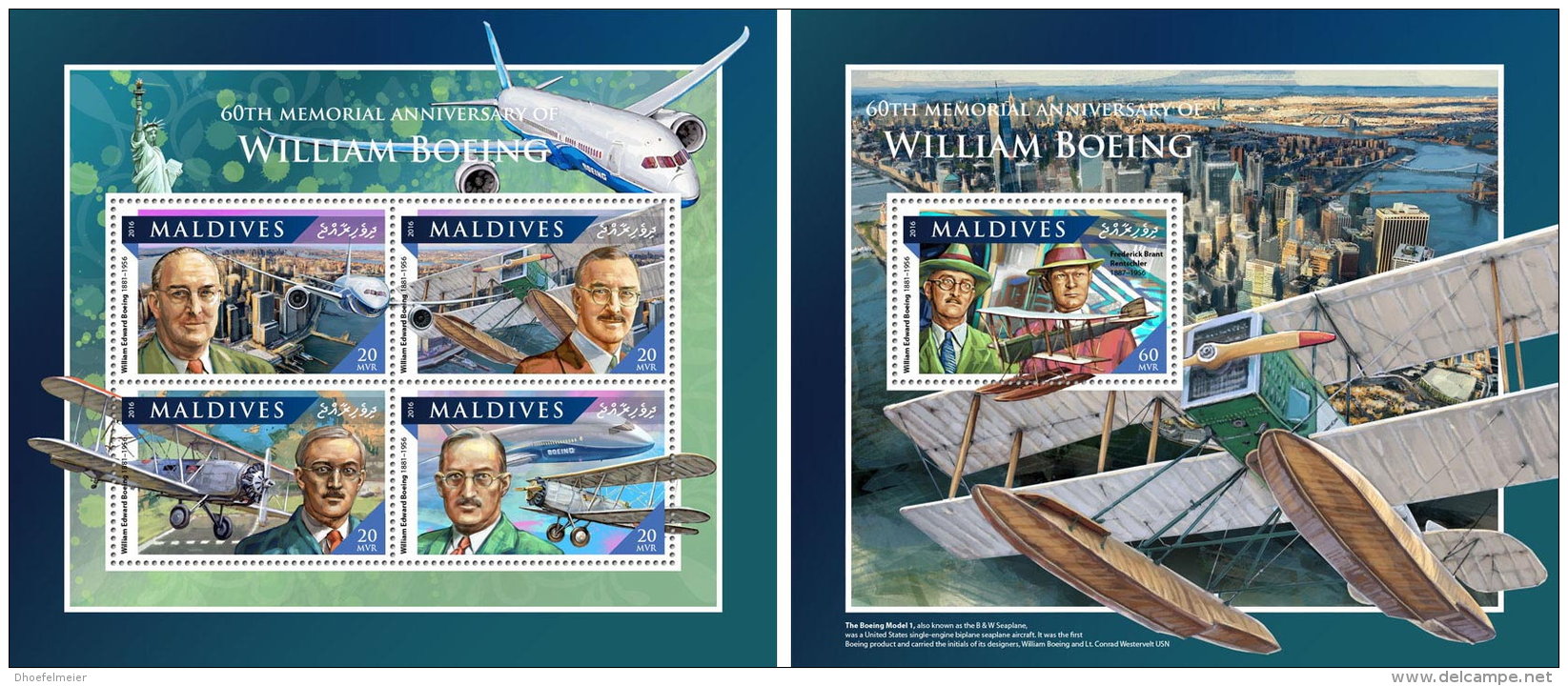 MALDIVES 2016 ** William Boeing Aircraft Flugzeuge Avions M/S+S/S - OFFICIAL ISSUE - A1707 - Flugzeuge