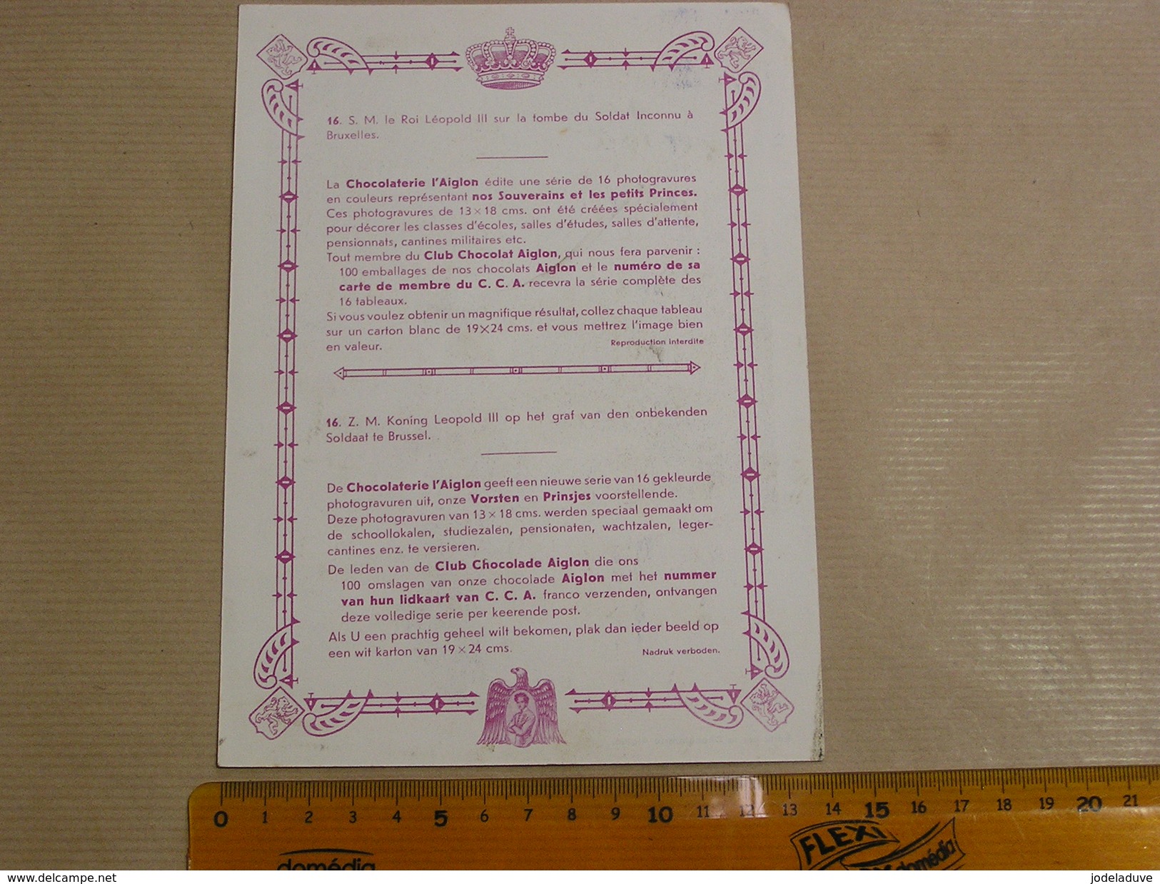 Chromo AIGLON N° 16 Photogravure SOUVERAINS ET PRINCES Belgique Roi Léopold 3 Famille Royale Chocolat Trading Card - Aiglon