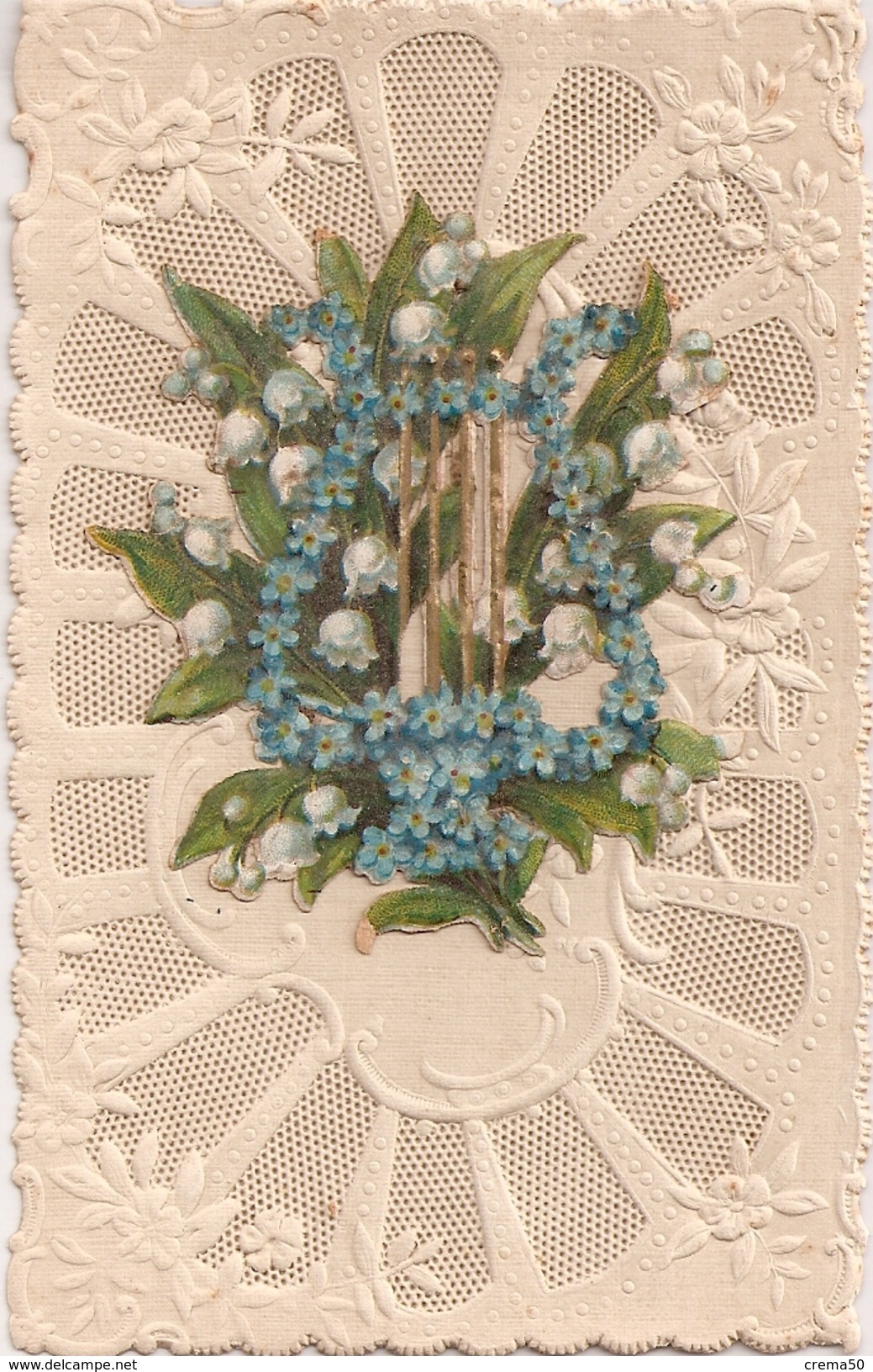 Belle Carte Dentelée Et Gaufrée Avec Découpi De Muguet Et Miosotis - Lyre - - Autres & Non Classés