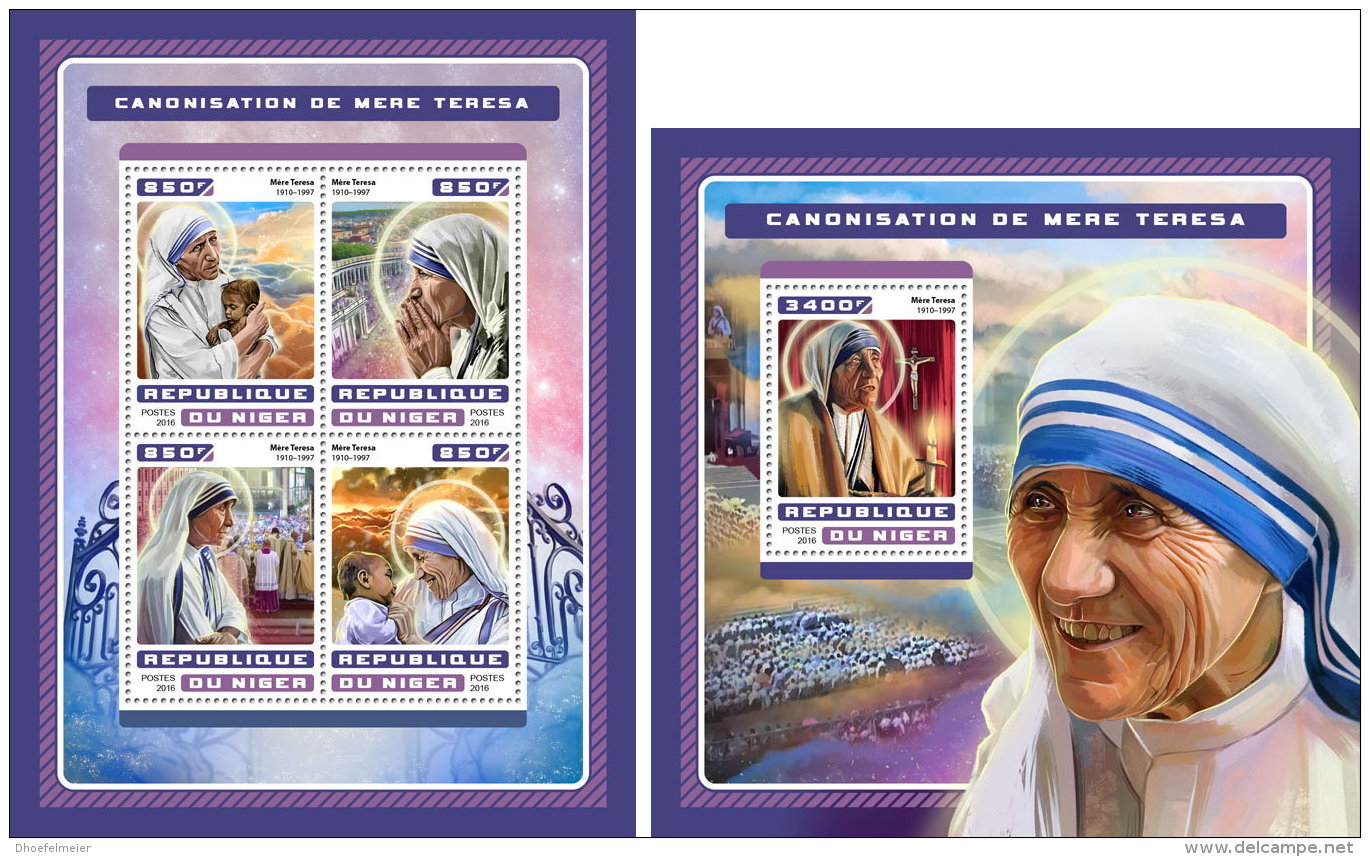 NIGER 2016 ** Canonization Mother Teresa Heiligsprechnung Mutter Teresa M/S+S/S - OFFICIAL ISSUE - A1707 - Mère Teresa