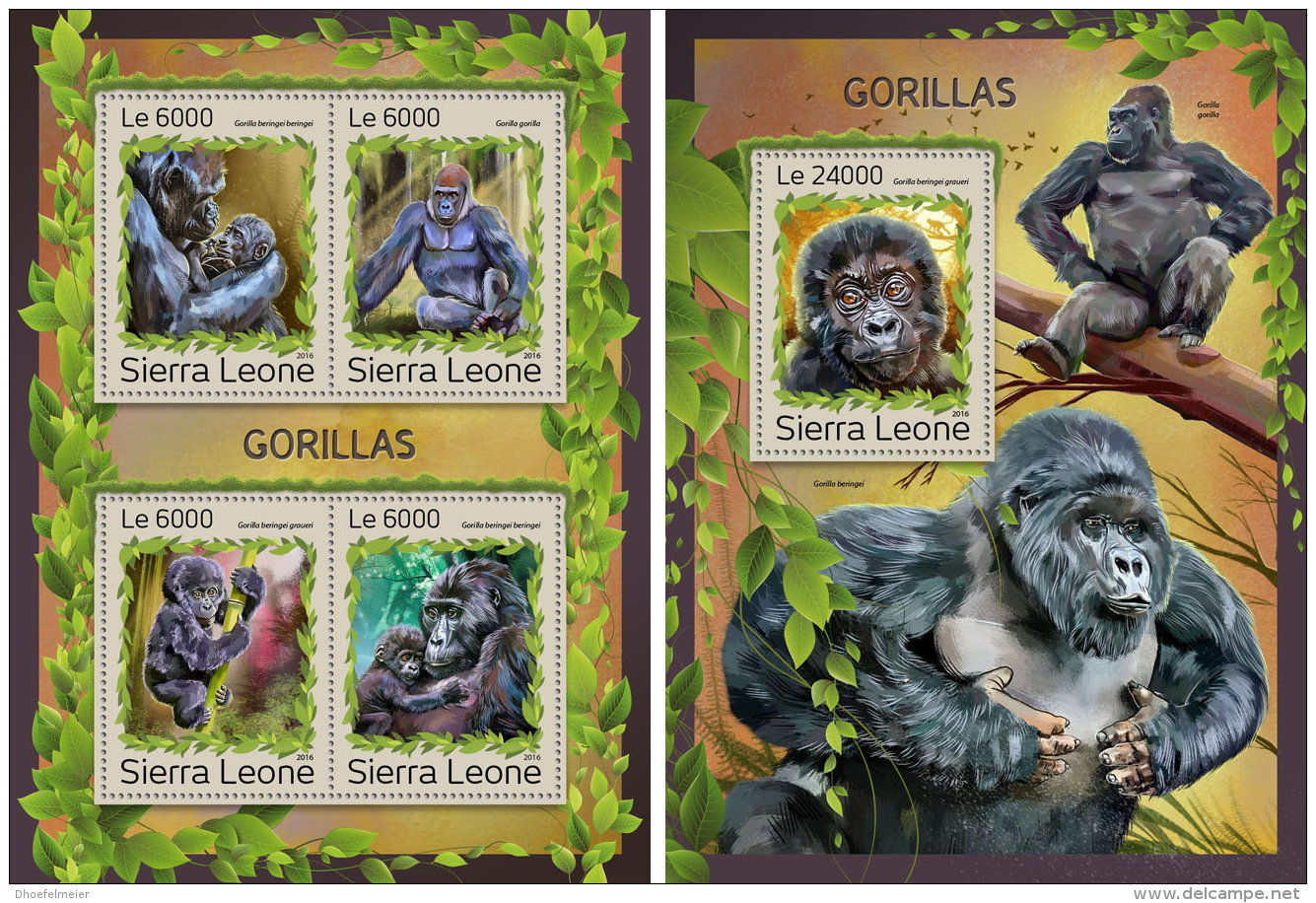 SIERRA LEONE 2016 ** Gorillas M/S+S/S - OFFICIAL ISSUE - A1707 - Gorilla's