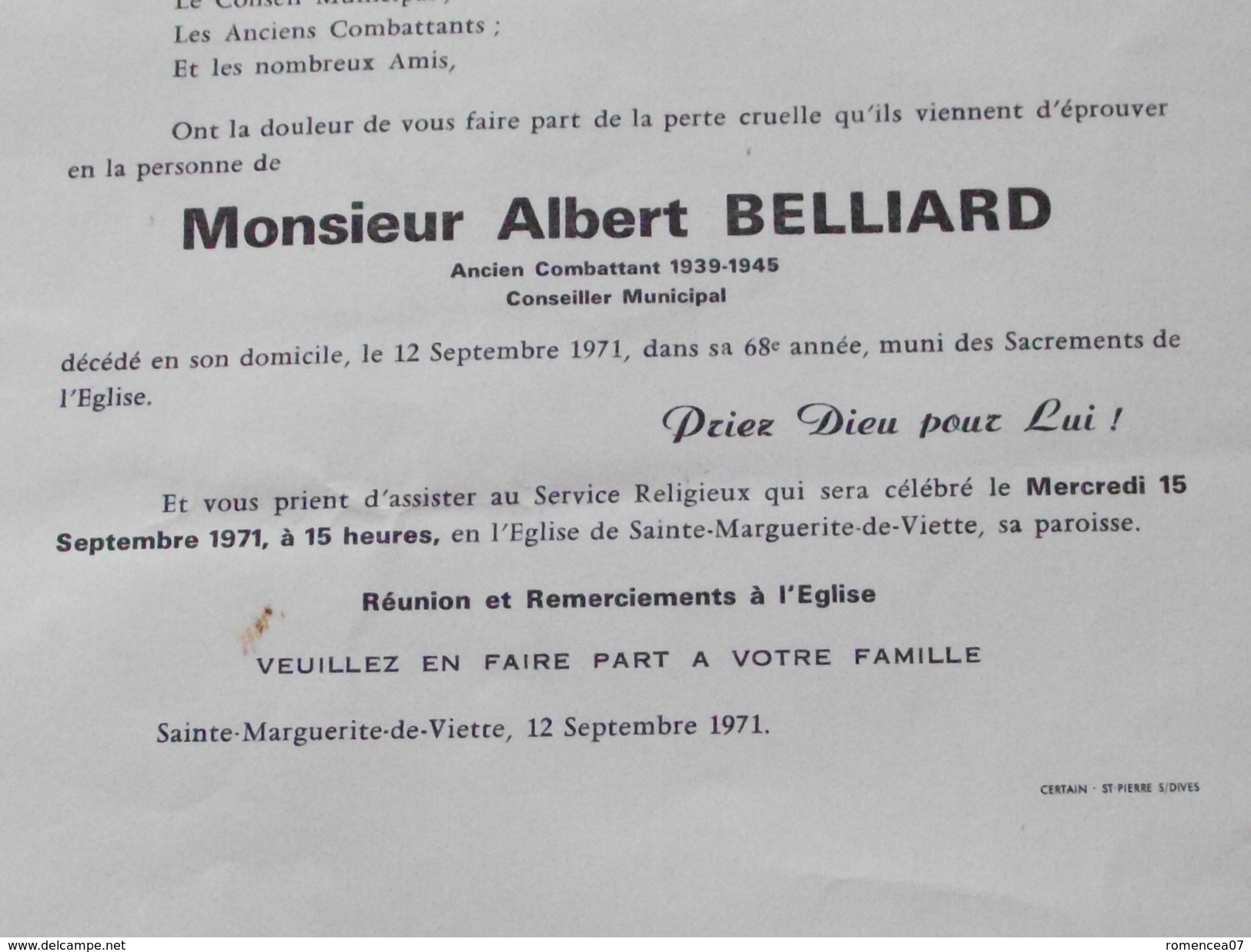 14 Ste-MARGUERITE-de-VIETTE - Faire-Part De Décès - M Albert BELLIARD - Anc. Combattant - Le 12 Septembre 1971 - A VOIR! - Obituary Notices