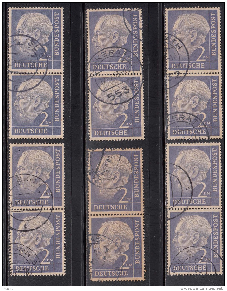 1Dm X 1 Pair, 2Dm X 6 Pairs, 3Dm X 1 Pair , 1954 Used, Pres Theodor Heuss, Deutschland Germany, Bunderpost, - Gebraucht