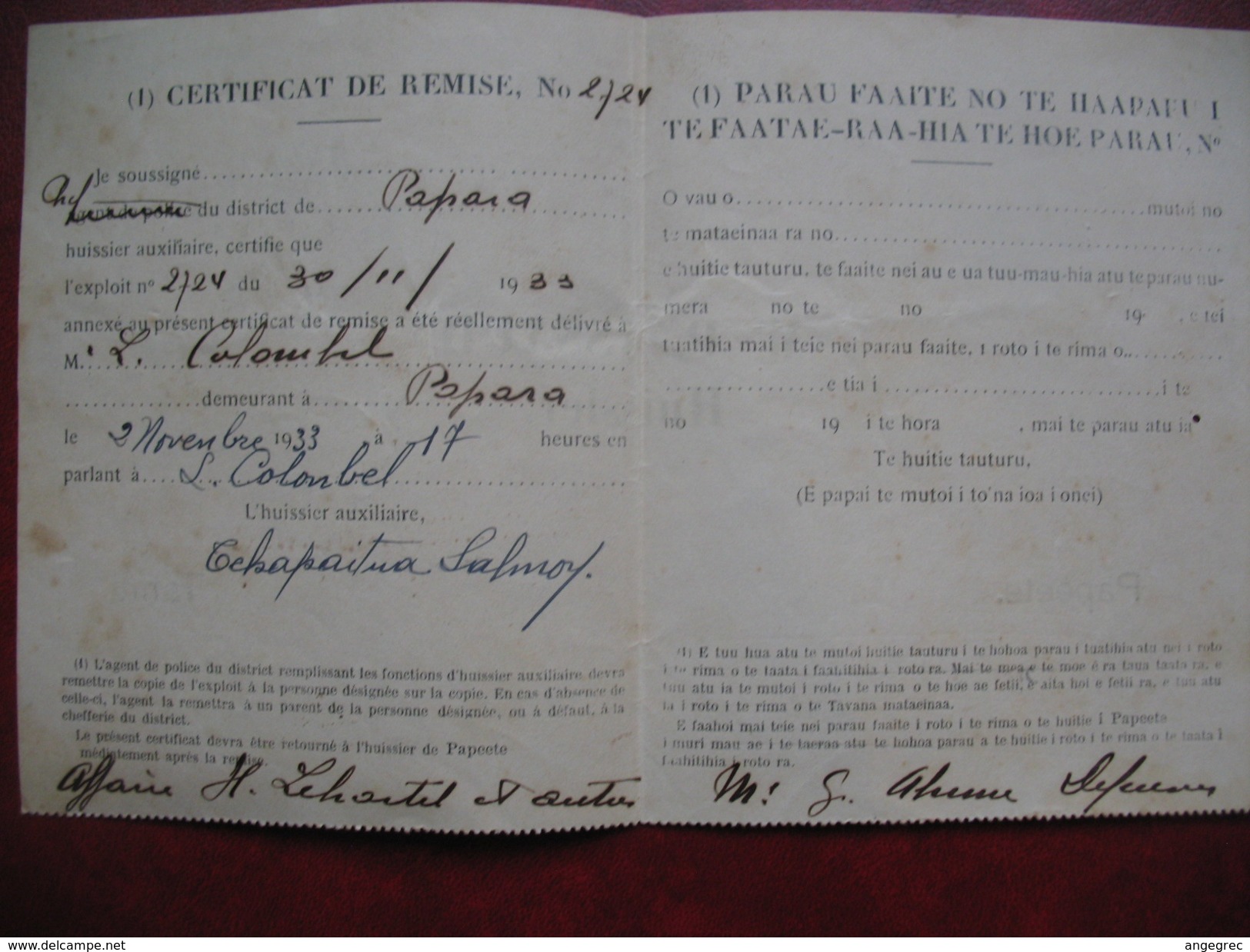 Certificat De Remise 1933 Huissier Papeete Tahiti - Lettres & Documents