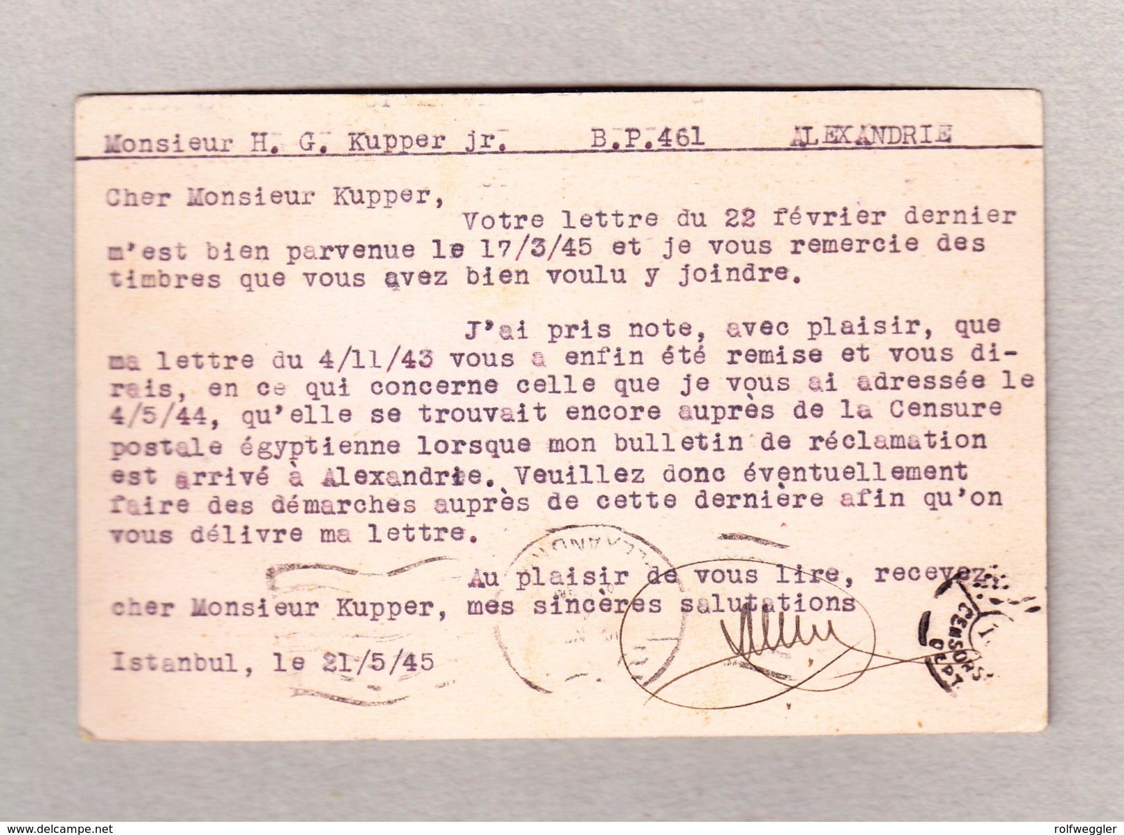 Türkei Istambul 21.5.1945 Ganzsache Mit Zusatzfrankatur Und Zensur Nach Egypten - Lettres & Documents