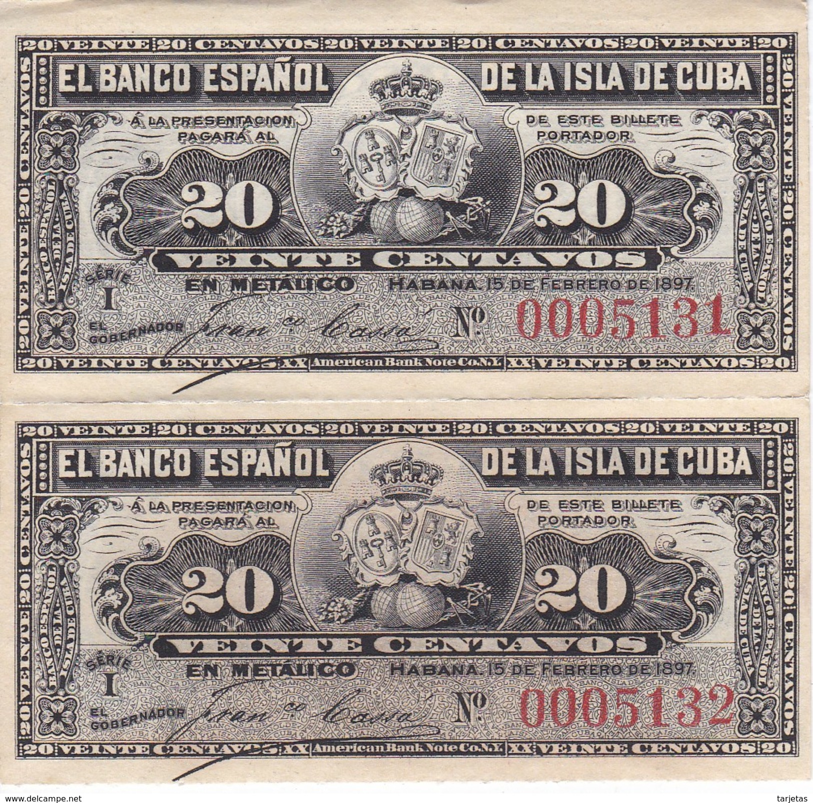 PAREJA CORRELATIVA DEL BANCO ESPAÑOL EN CUBA DE 20 CENTAVOS DEL AÑO 1897 SIN CIRCULAR-UNCIRCULATED (BANKNOTE) - Cuba