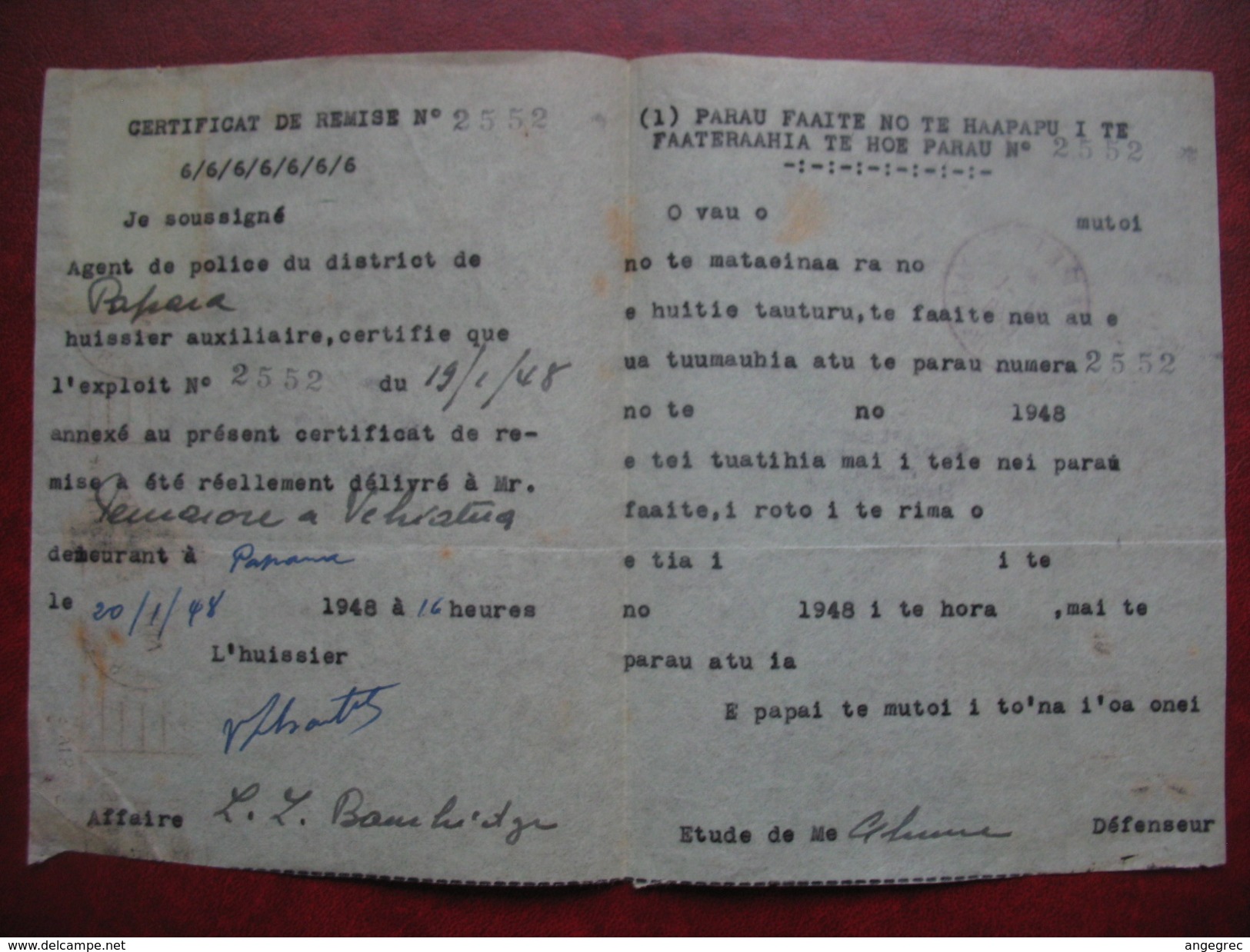 Lettre Certificat De Remise Papeete 1948 - Brieven En Documenten