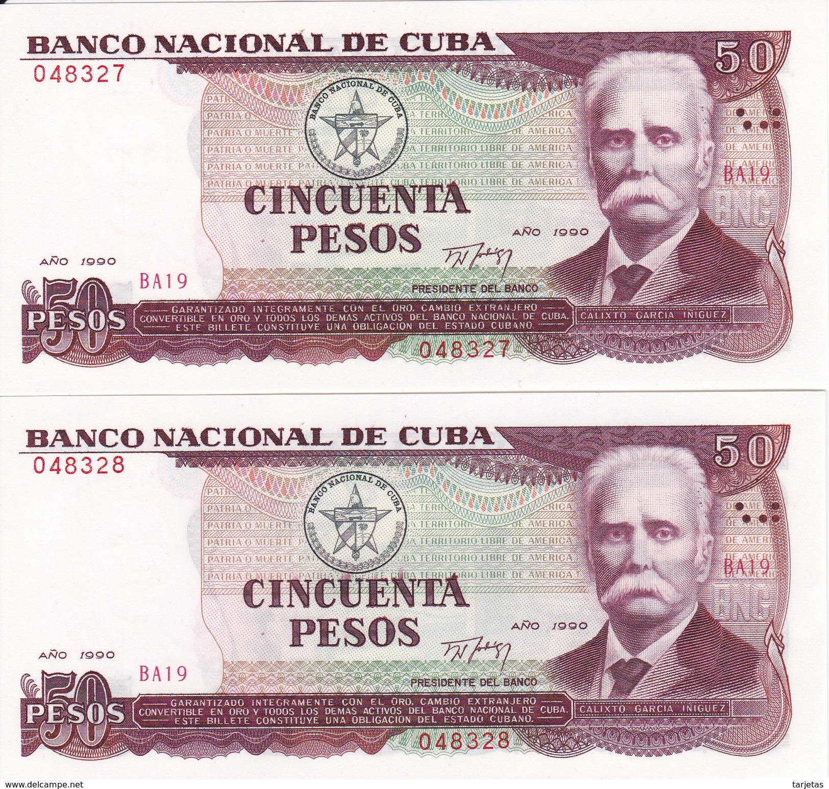 PAREJA CORRELATIVA DE CUBA DE 50 PESOS DEL AÑO 1990 DE CALIXTO GARCIA (BANKNOTE) SIN CIRCULAR-UNCIRCULATED - Cuba