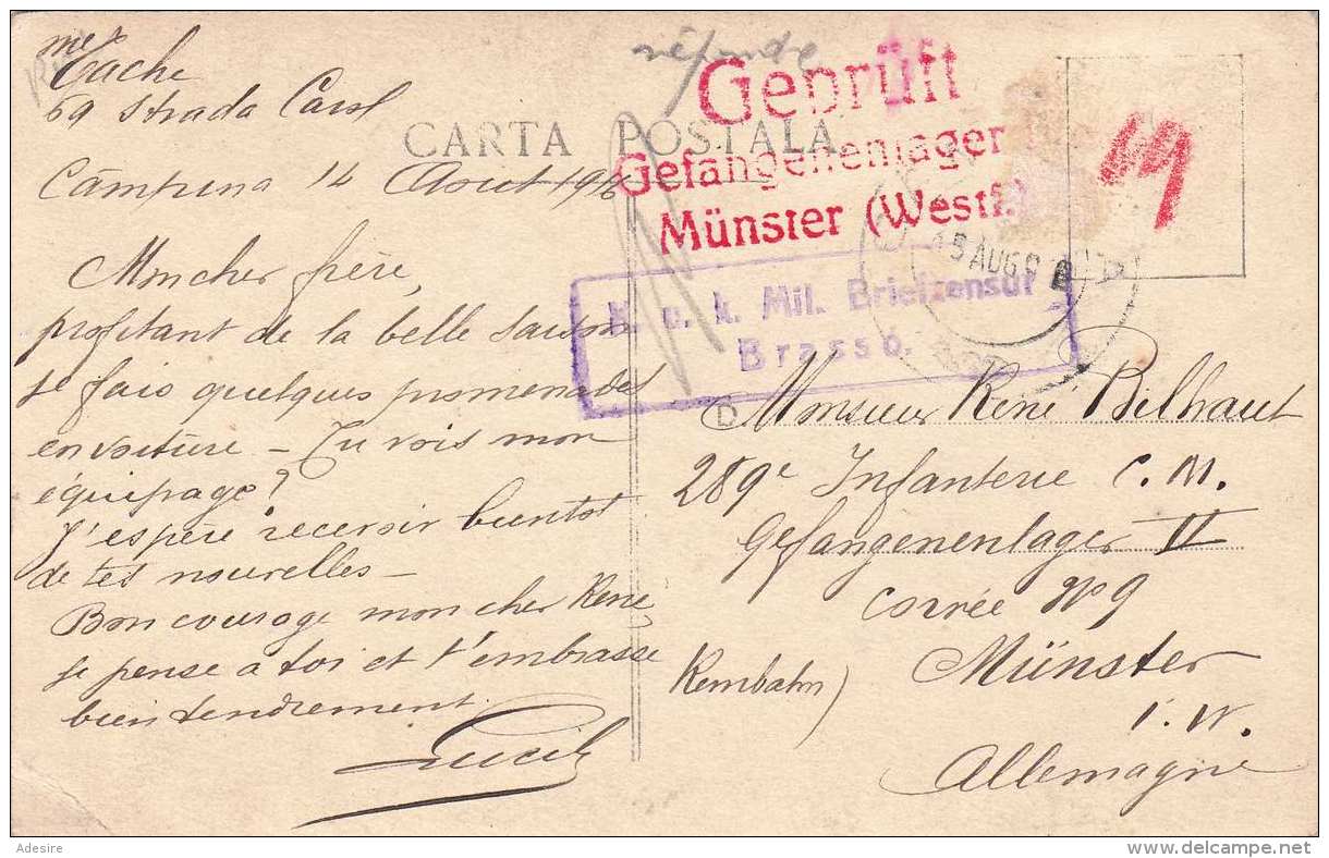 BRASSO Pferdekutsche Mit Dame, Roter Stempel Gefangenenlager Münster + K.u.K. Mil.Briefzensur Brasso - Rumänien