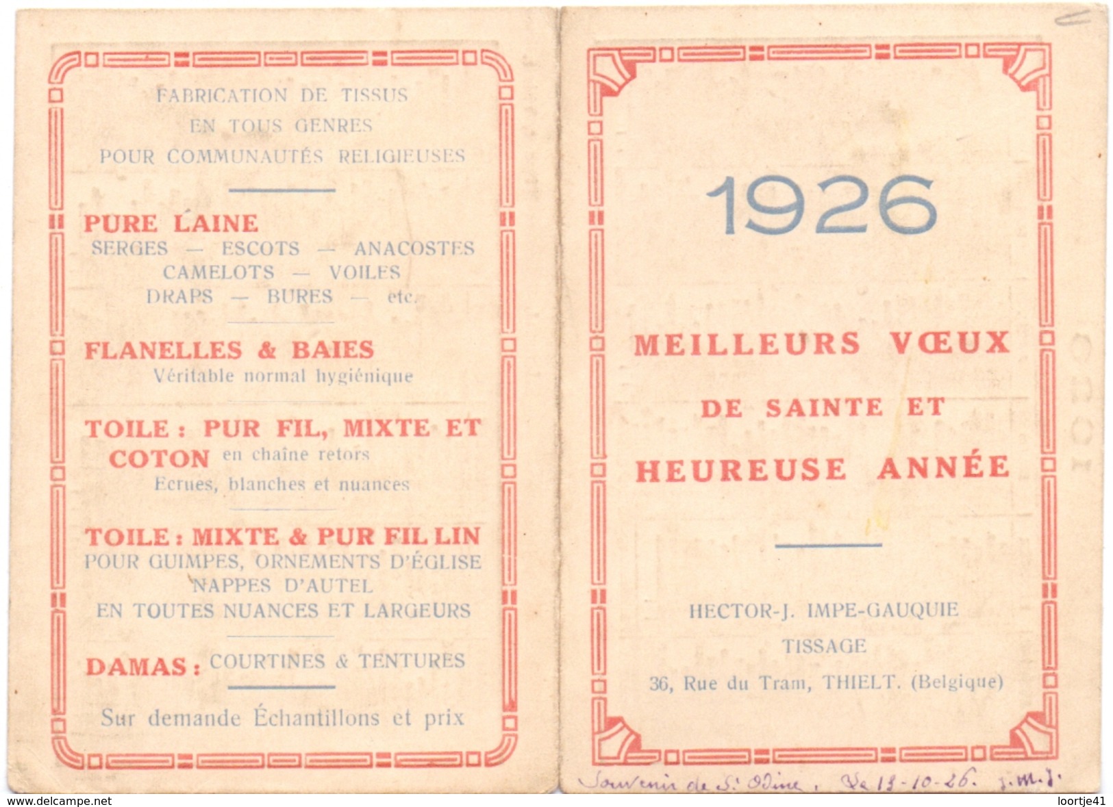 Kalender 1926 - Pub Reclame Tissage Hector Impe - Gauquie - Tielt - Petit Format : 1921-40